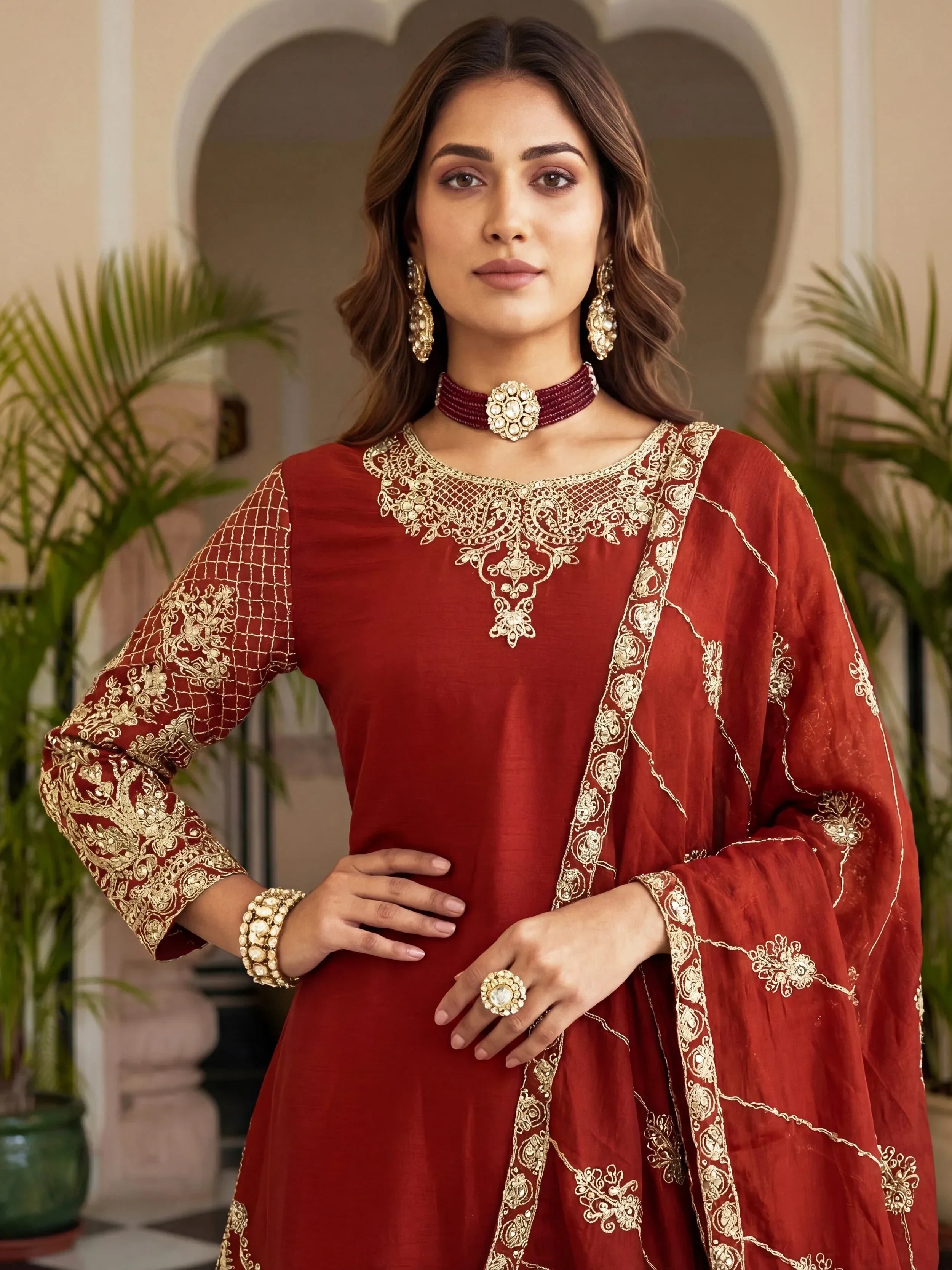 Red Precious Zari Embroidered Chinon Festive Wear Palazzo Suit
