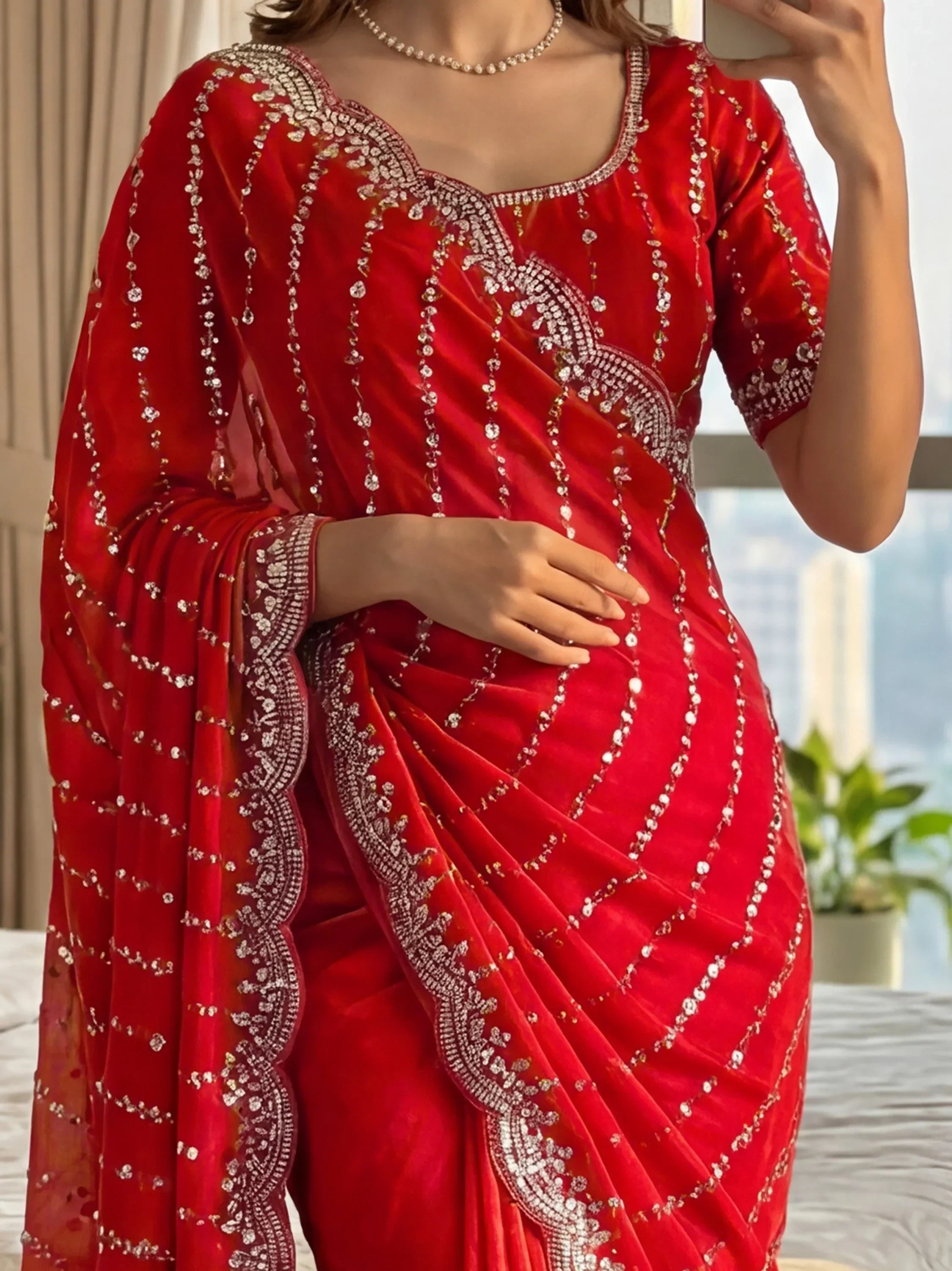 Red Captivating Beads Work Satin Party Wear Saree With Blouse