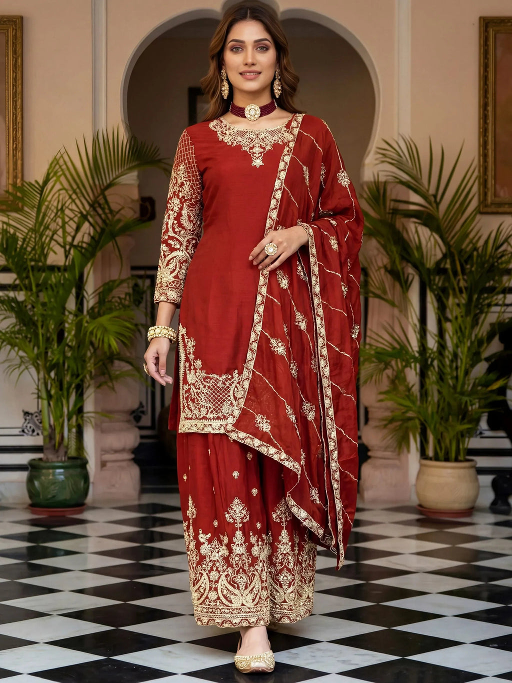Red Precious Zari Embroidered Chinon Festive Wear Palazzo Suit