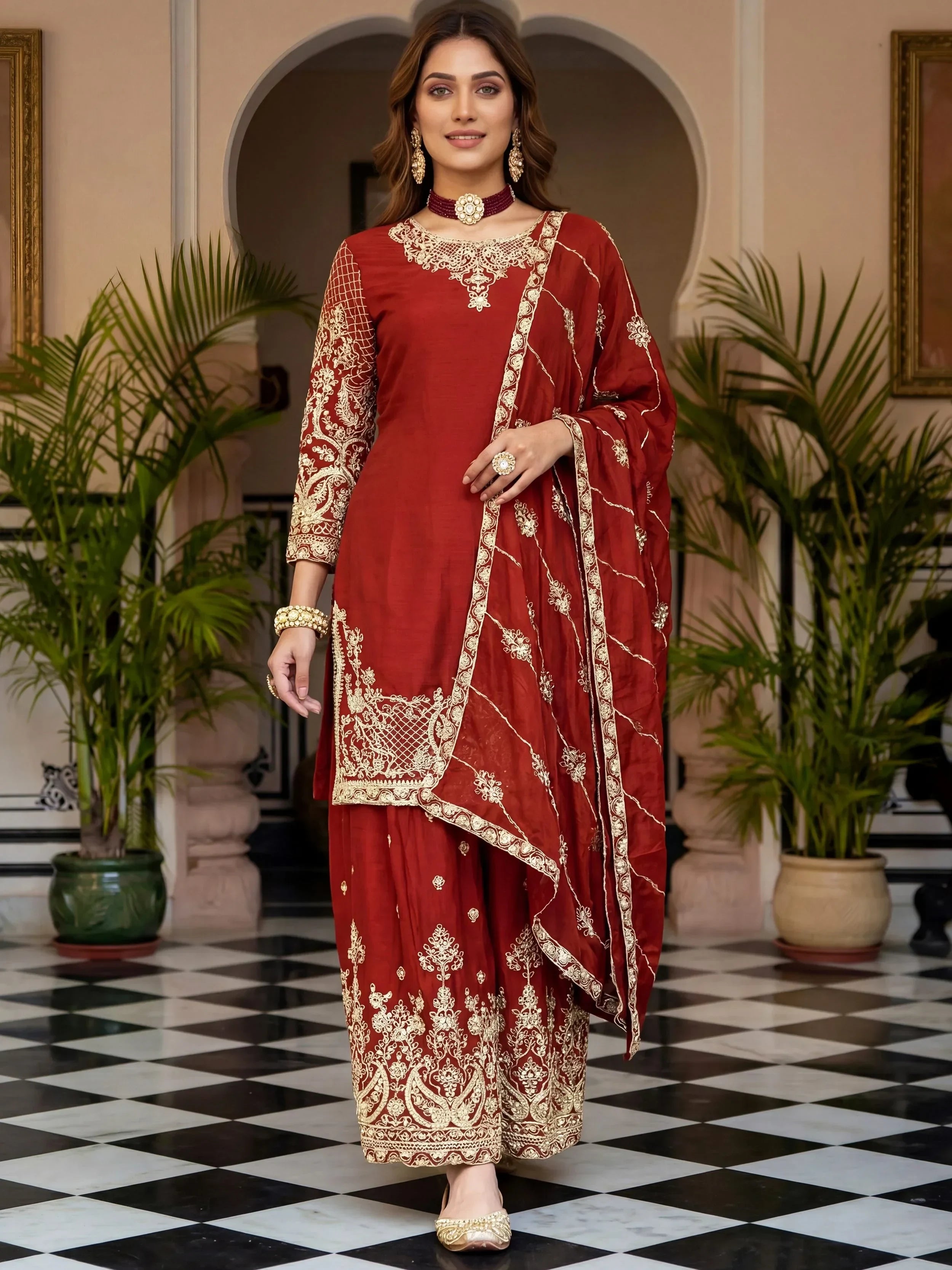 Red Precious Zari Embroidered Chinon Festive Wear Palazzo Suit