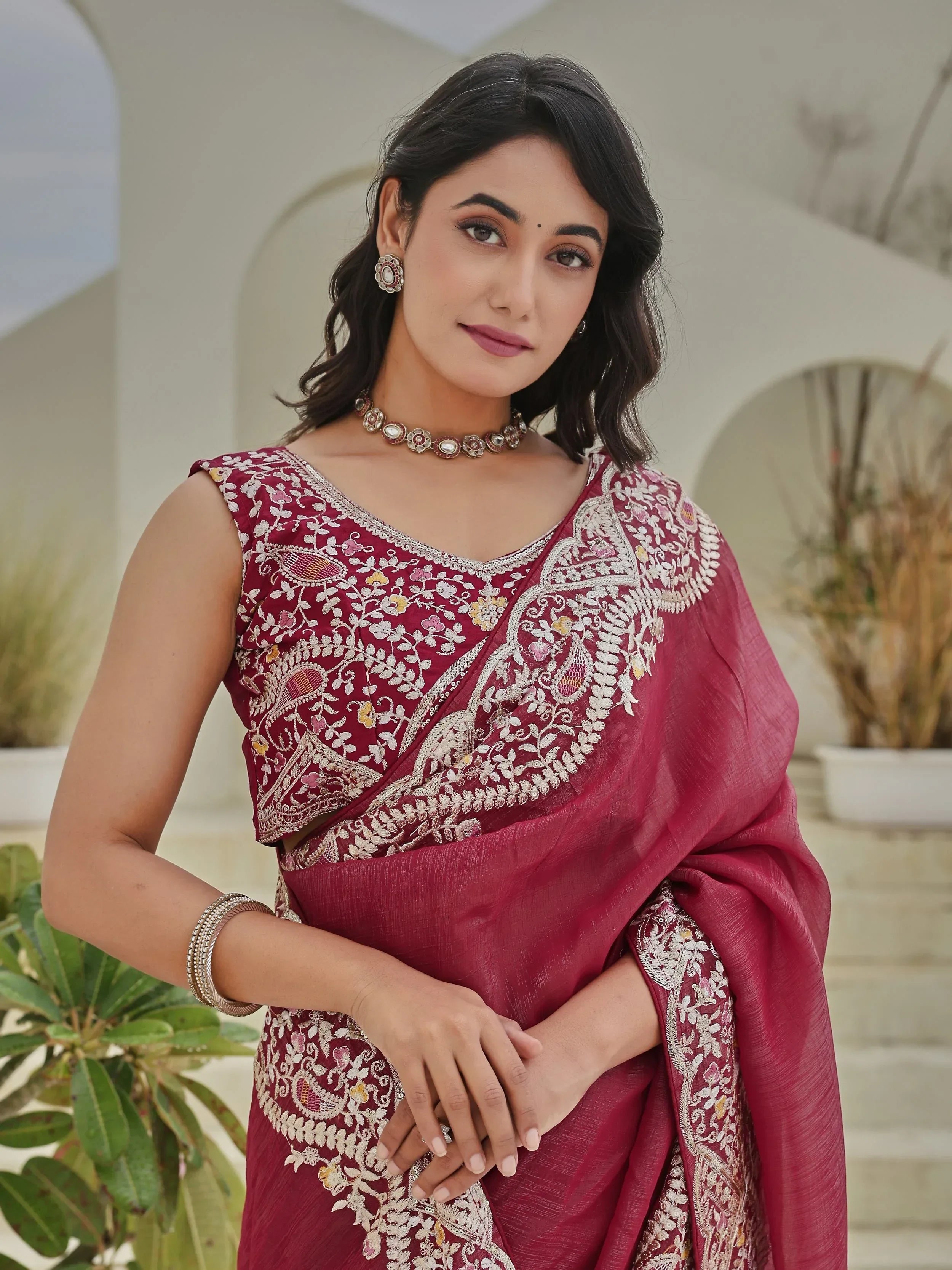 Red Classic Sequins Organza Festive Wear Saree With Blouse