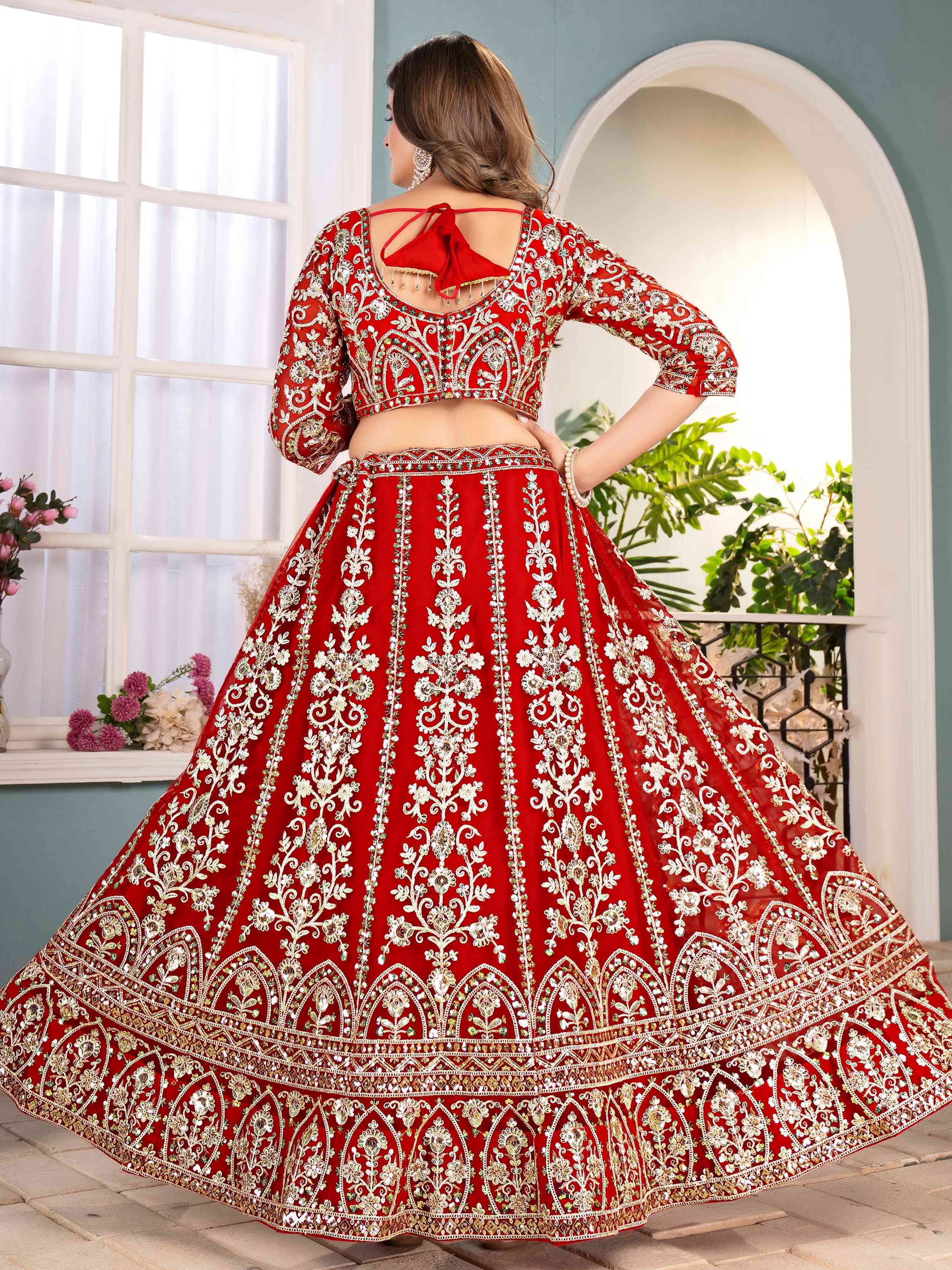 Red Captivating Net Sequins Embroidered Bridesmaid Lehenga Choli