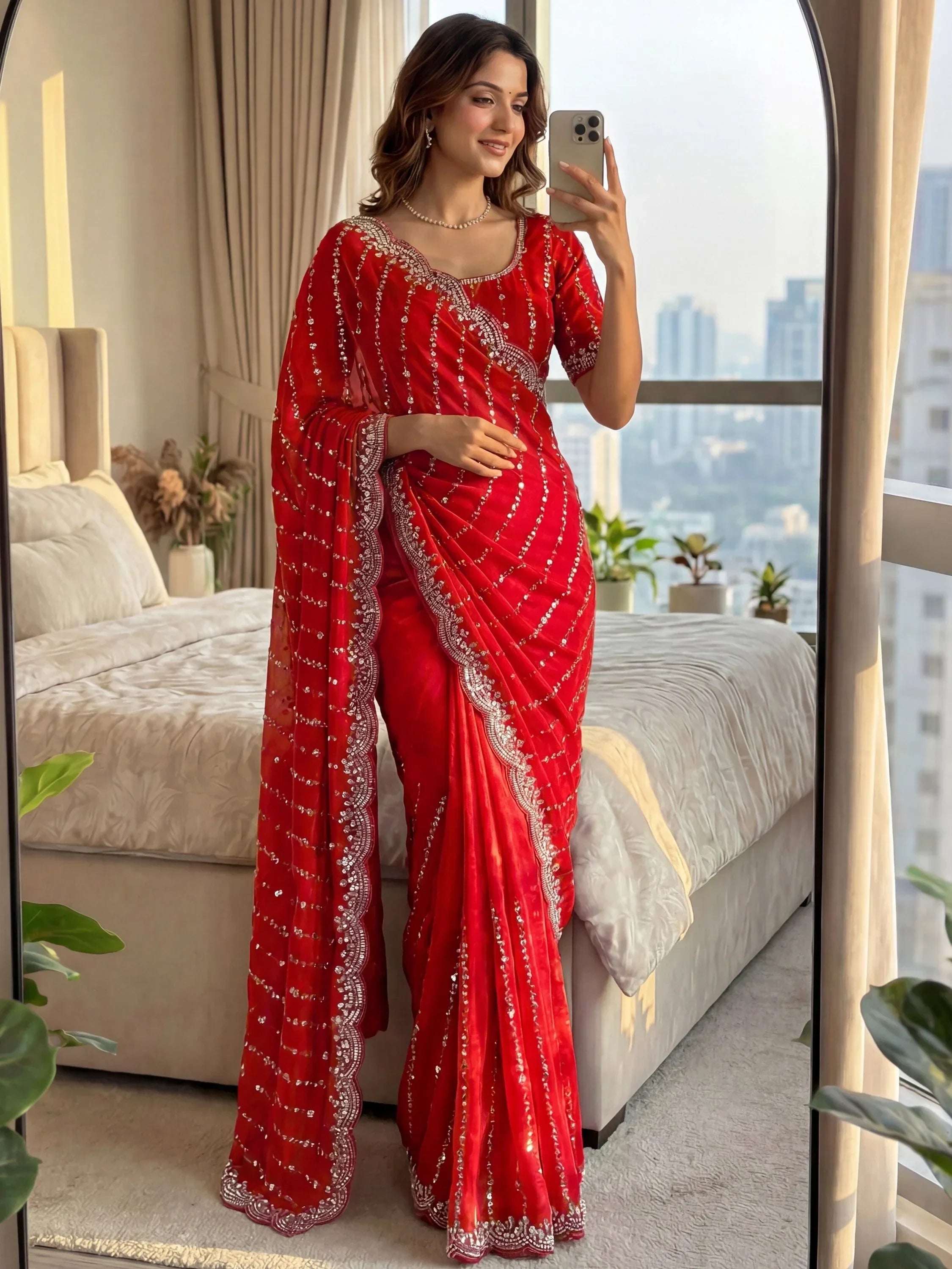 Red Captivating Beads Work Satin Party Wear Saree With Blouse