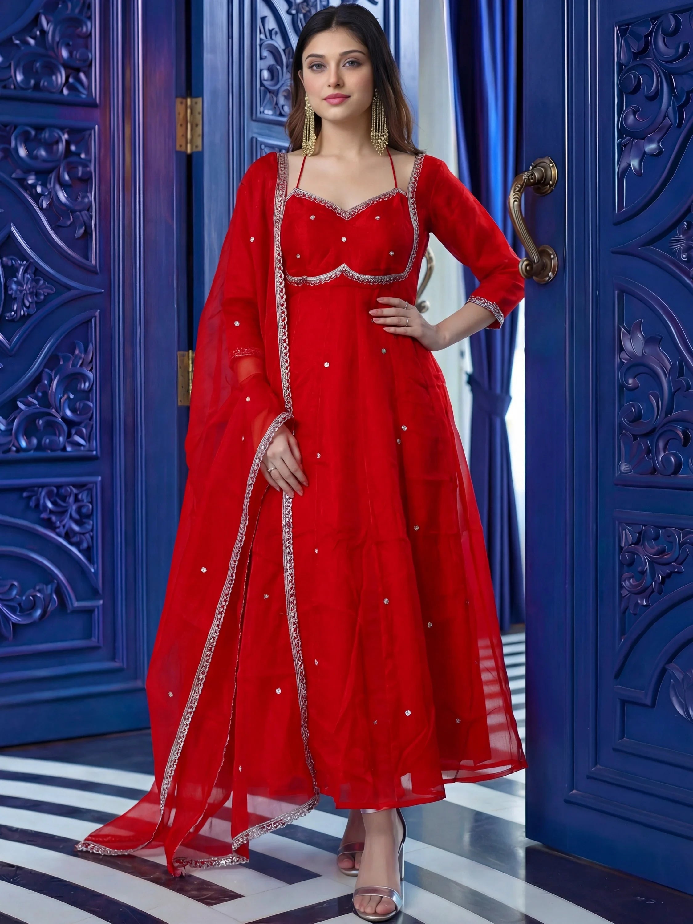 Red Beautiful Sequins Silk Haldi Wear Anarkali Gown