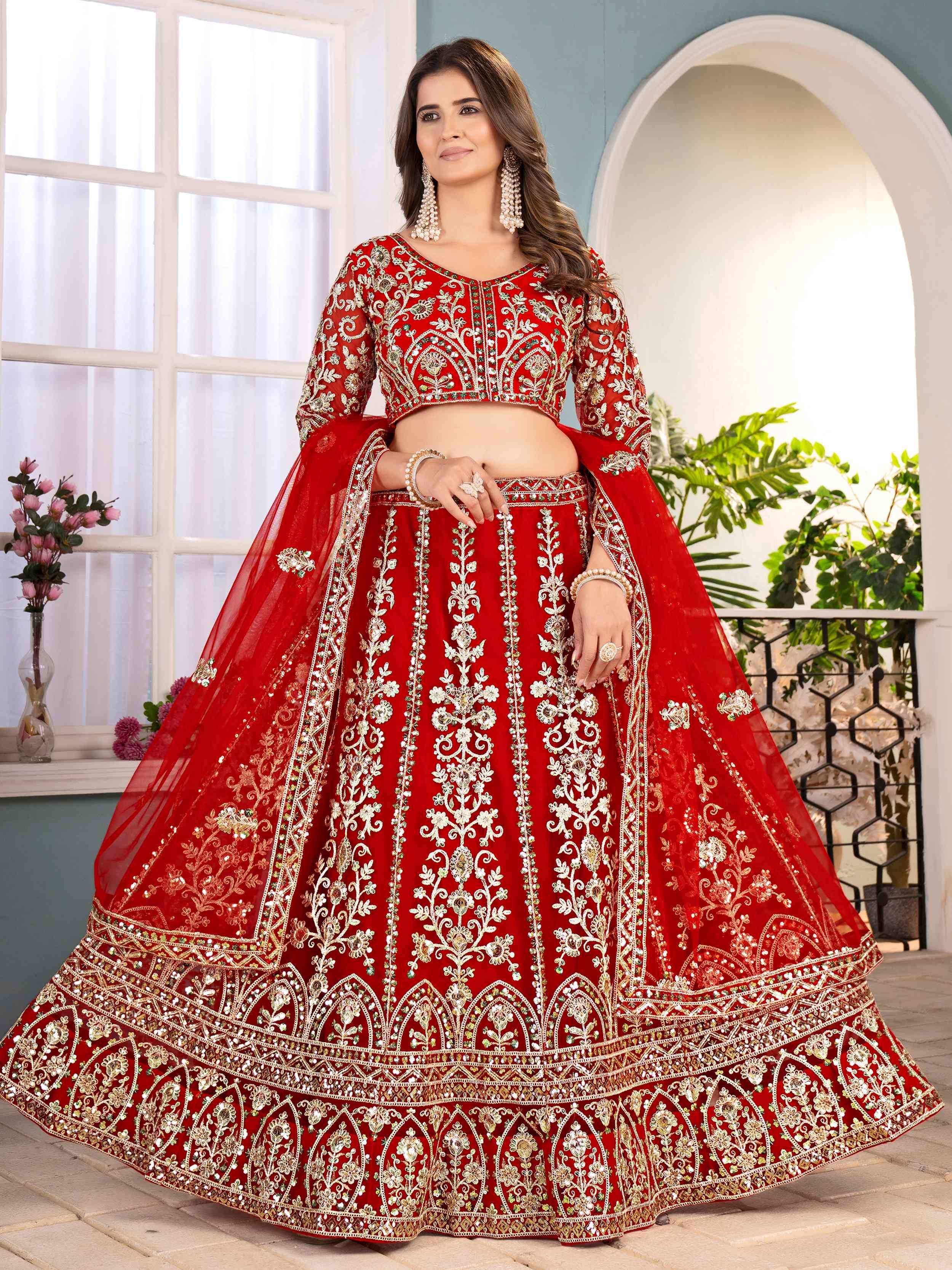 Red Captivating Net Sequins Embroidered Bridesmaid Lehenga Choli