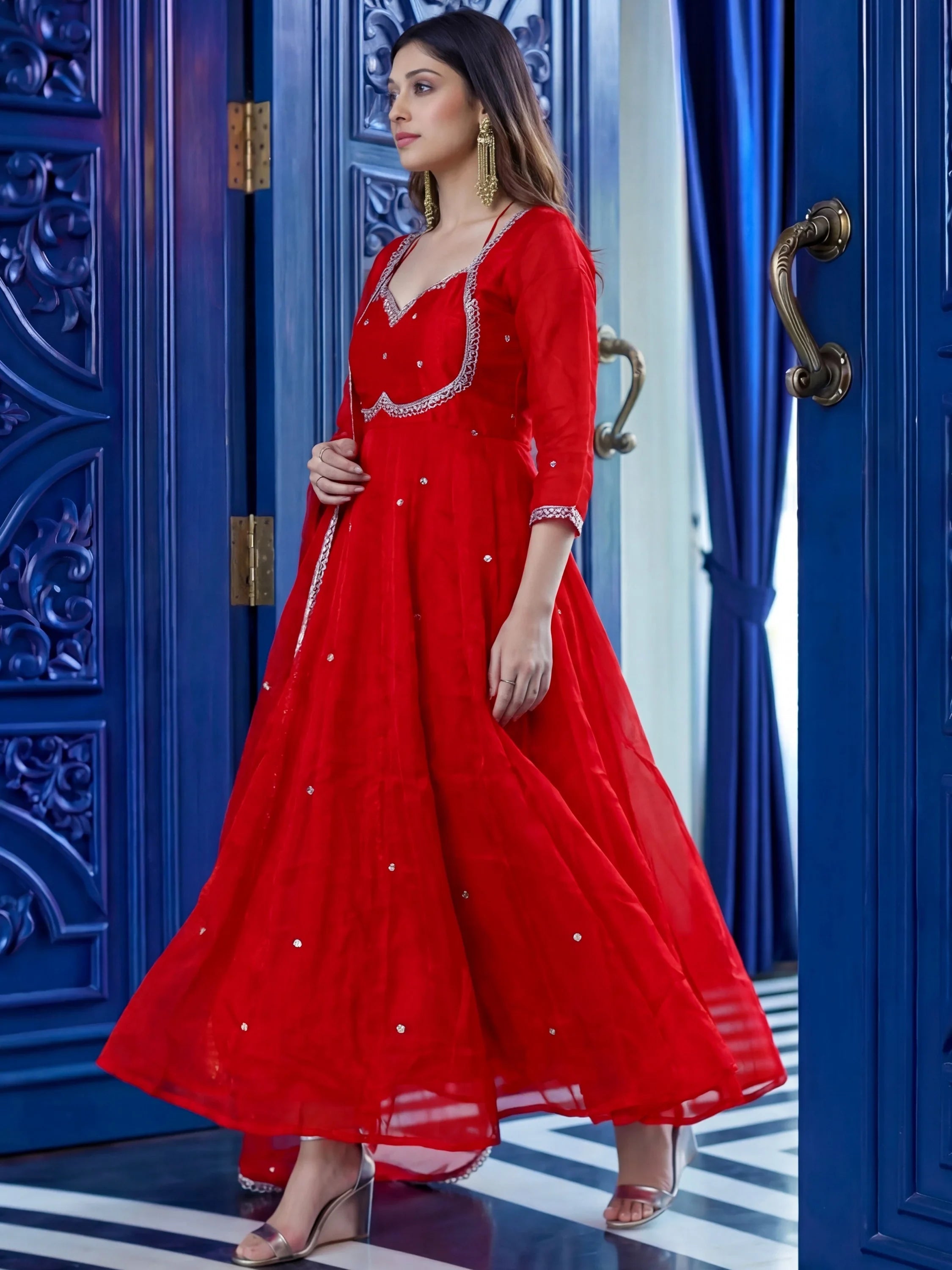 Red Beautiful Sequins Silk Haldi Wear Anarkali Gown