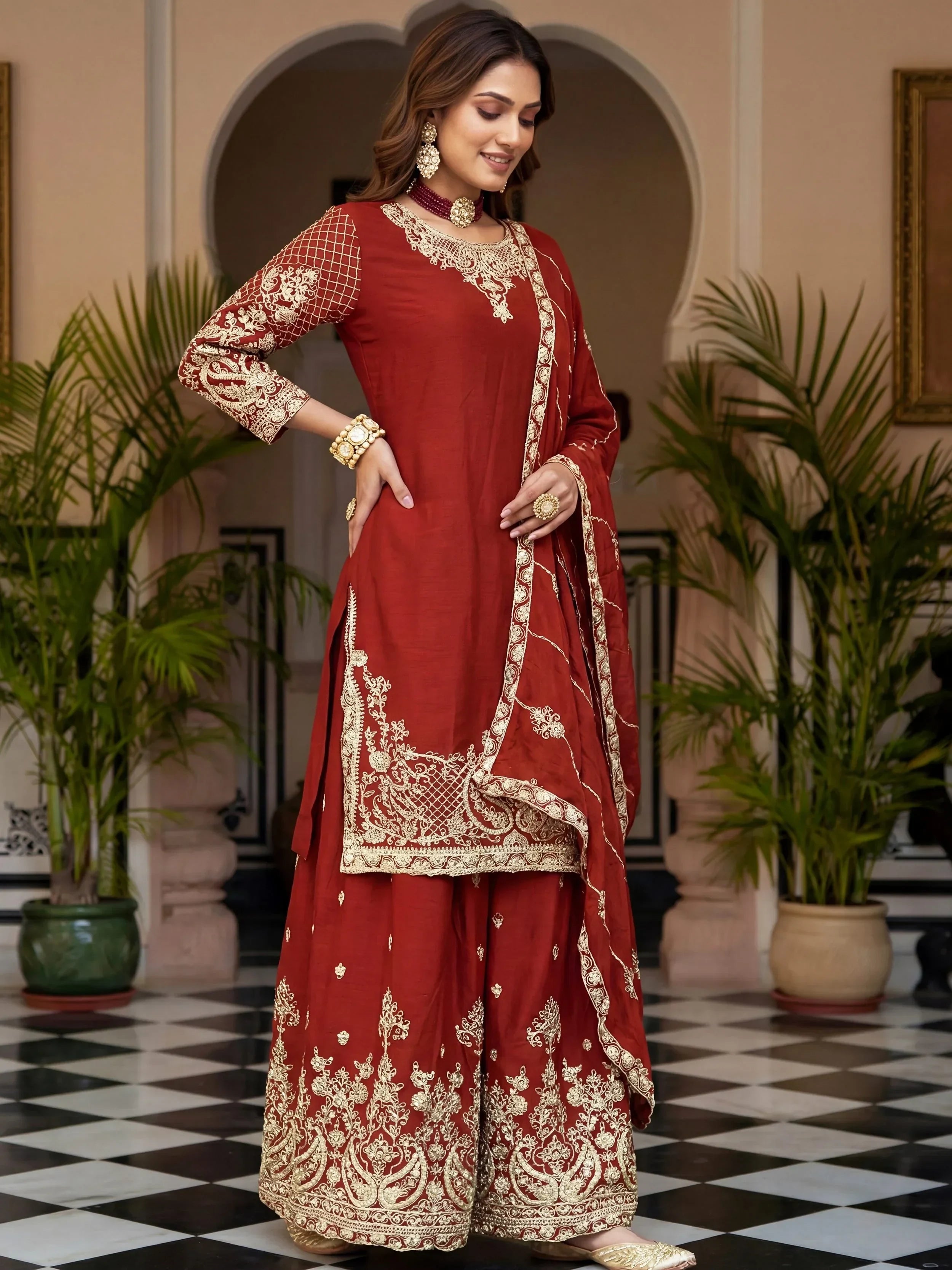 Red Precious Zari Embroidered Chinon Festive Wear Palazzo Suit