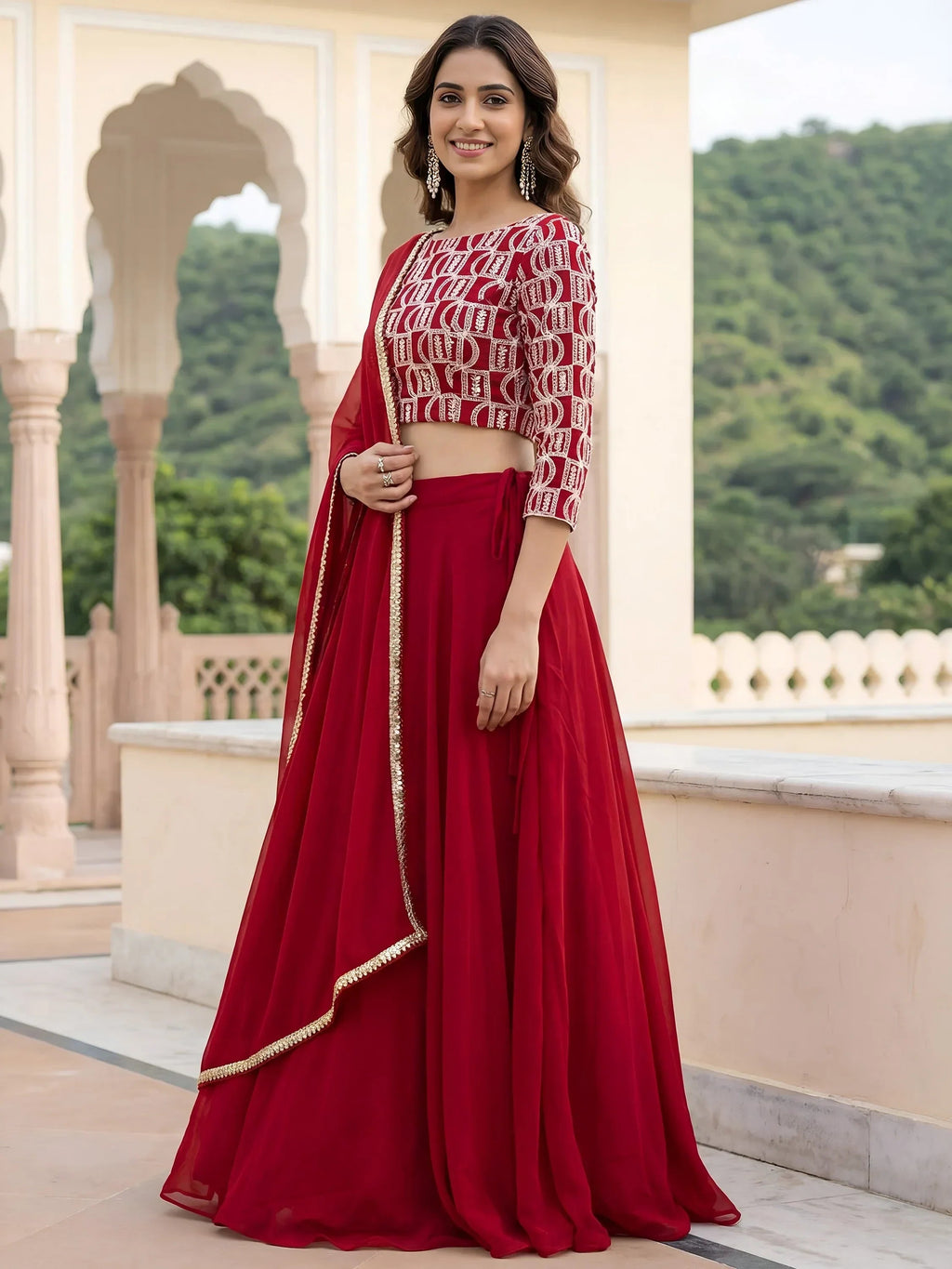 Outstanding Red Embroidered Georgette Function Wear Lehenga Choli