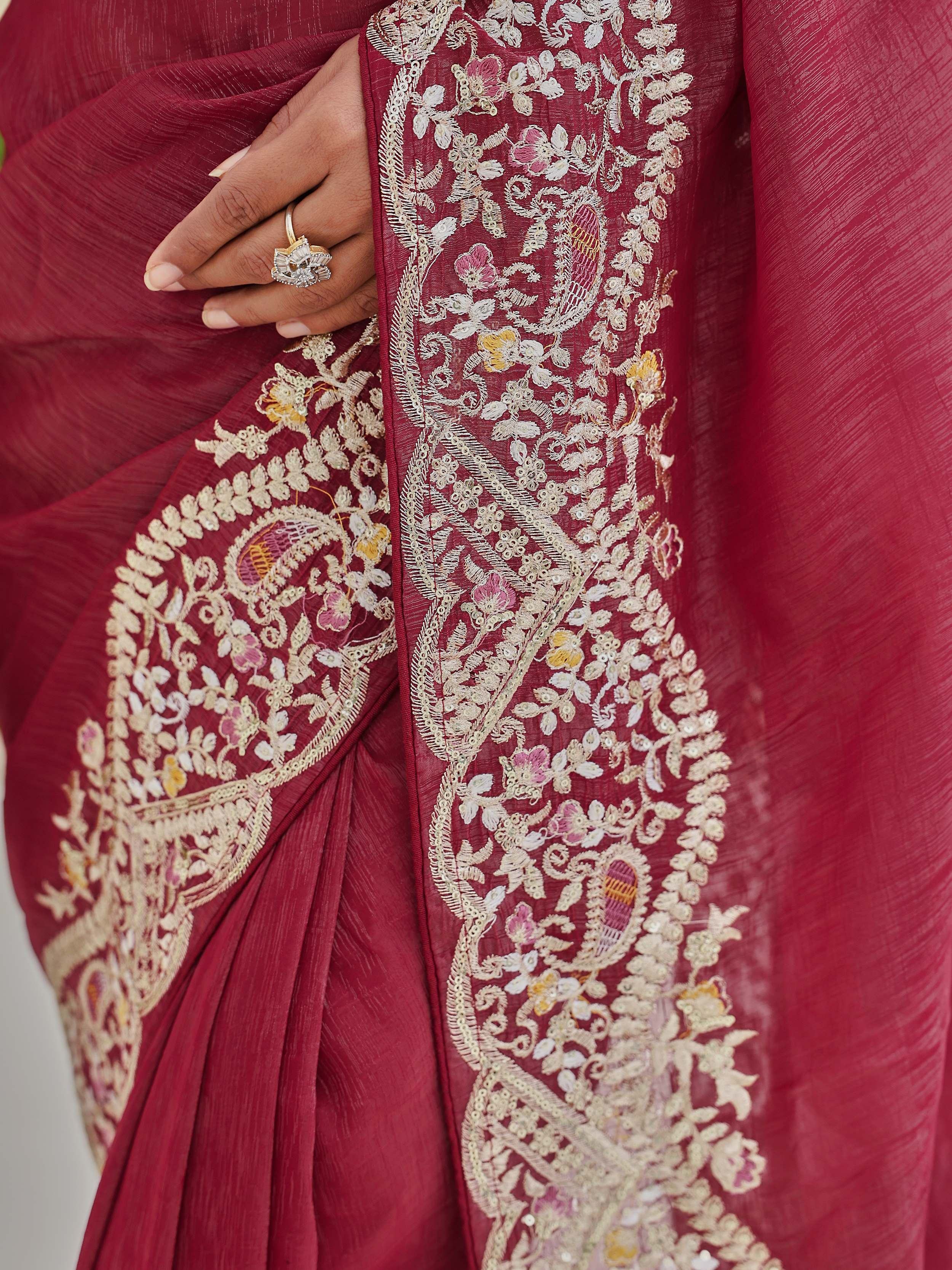 Red Classic Sequins Organza Festive Wear Saree With Blouse