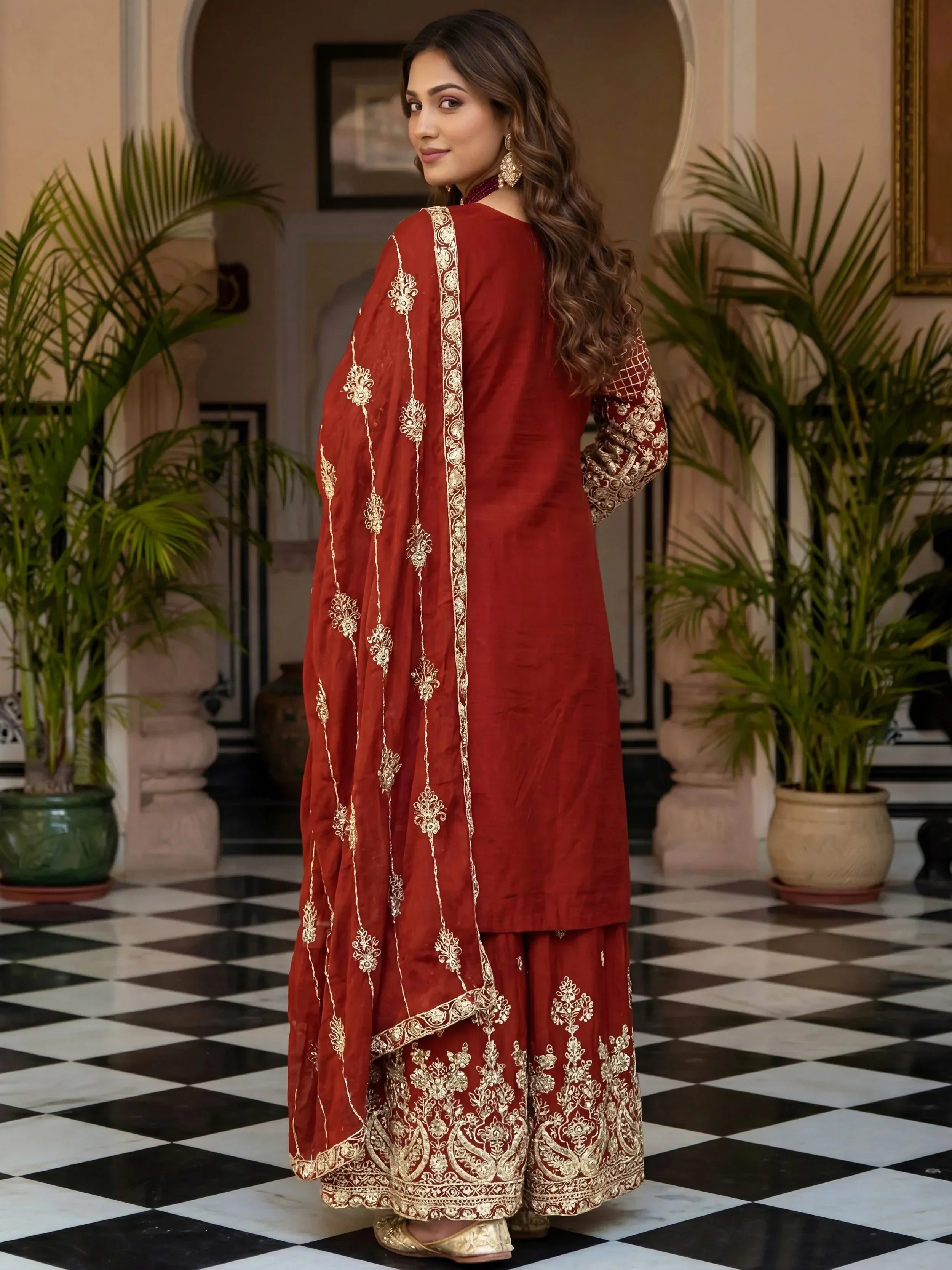 Red Precious Zari Embroidered Chinon Festive Wear Palazzo Suit