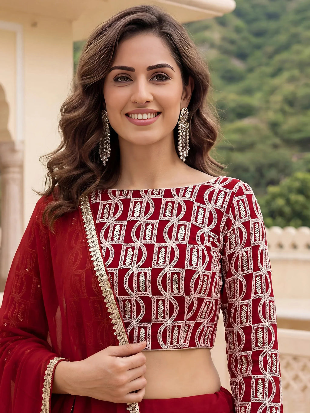 Outstanding Red Embroidered Georgette Function Wear Lehenga Choli