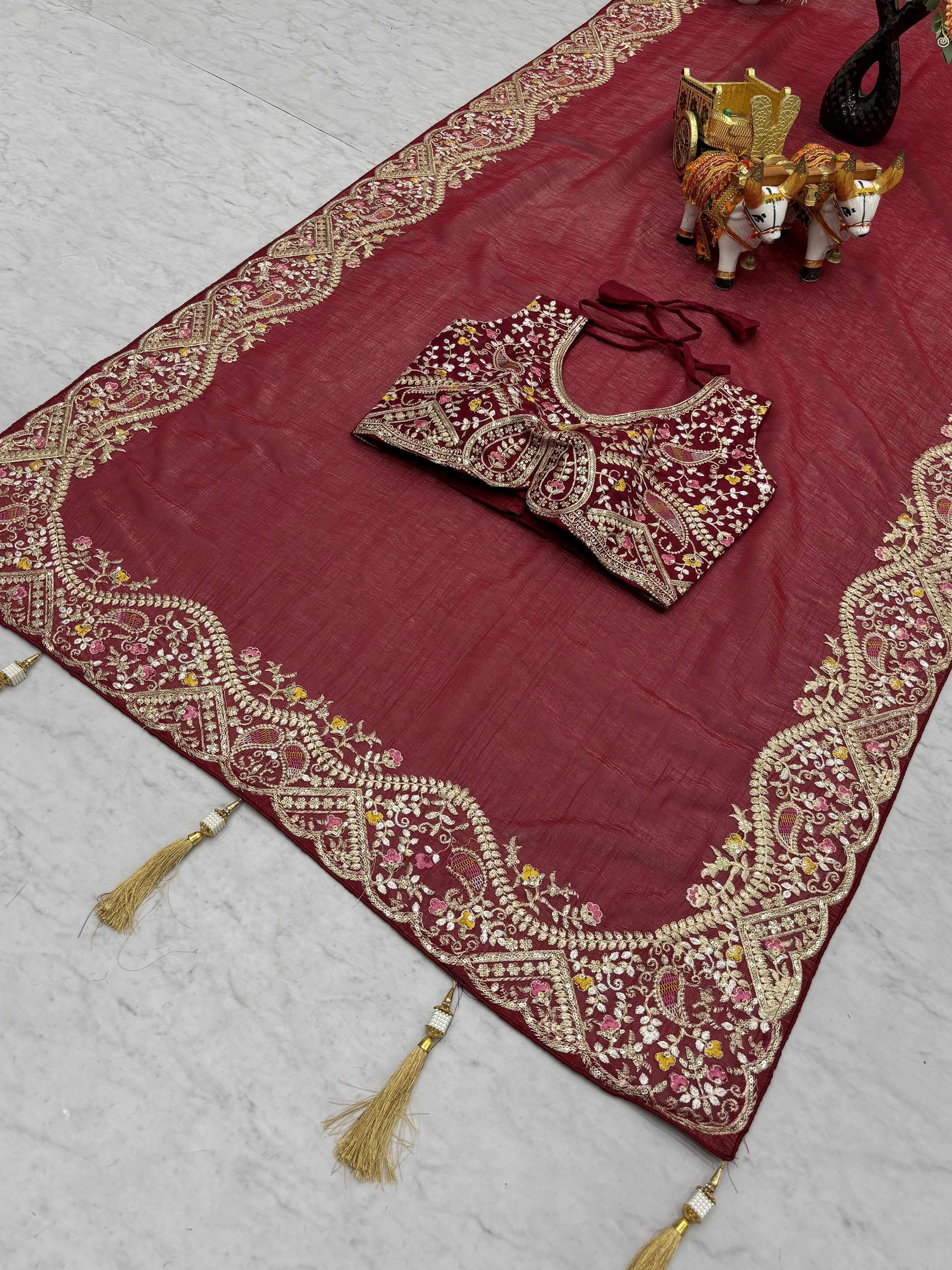 Red Classic Sequins Organza Festive Wear Saree With Blouse