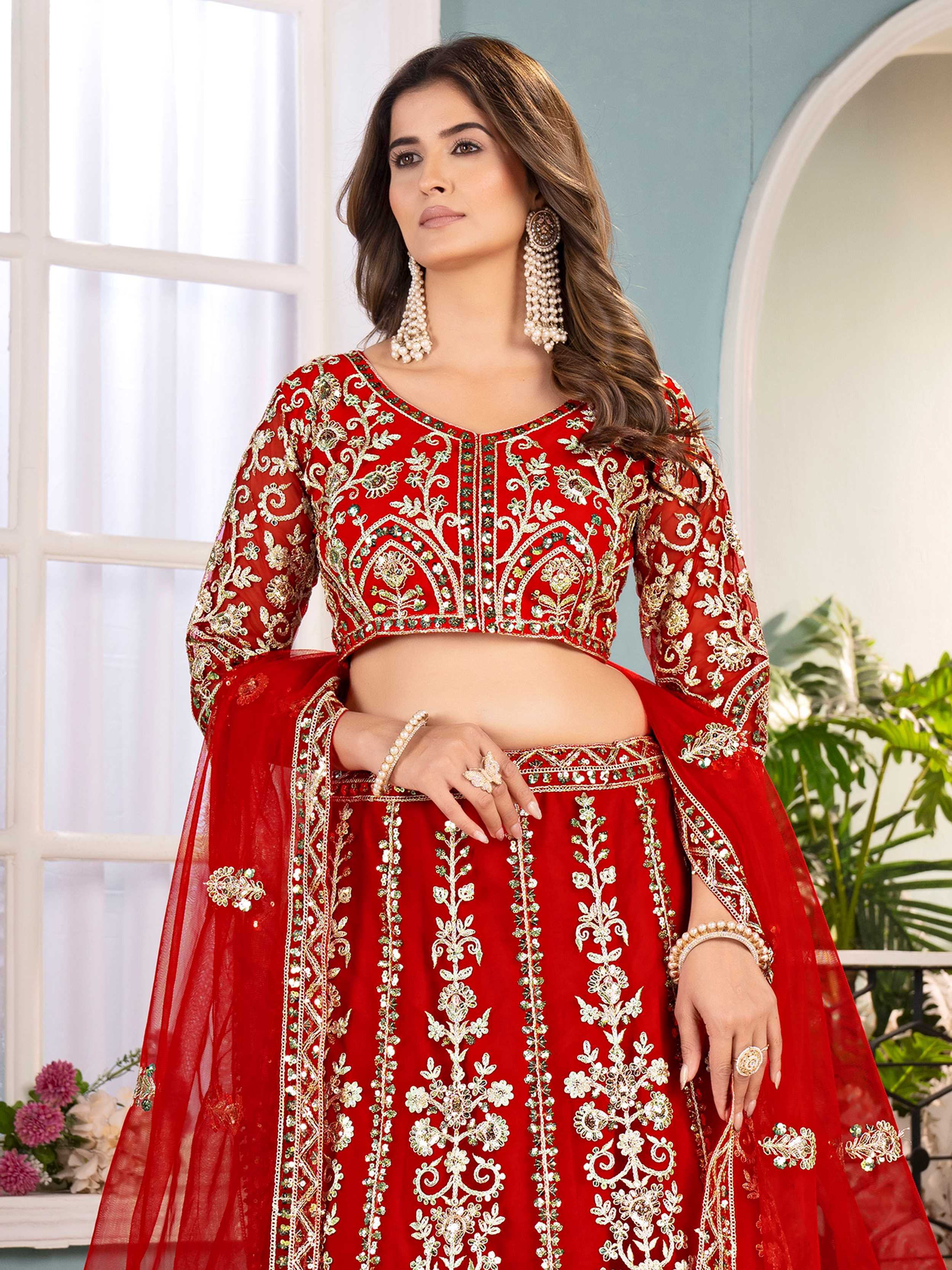 Red Captivating Net Sequins Embroidered Bridesmaid Lehenga Choli