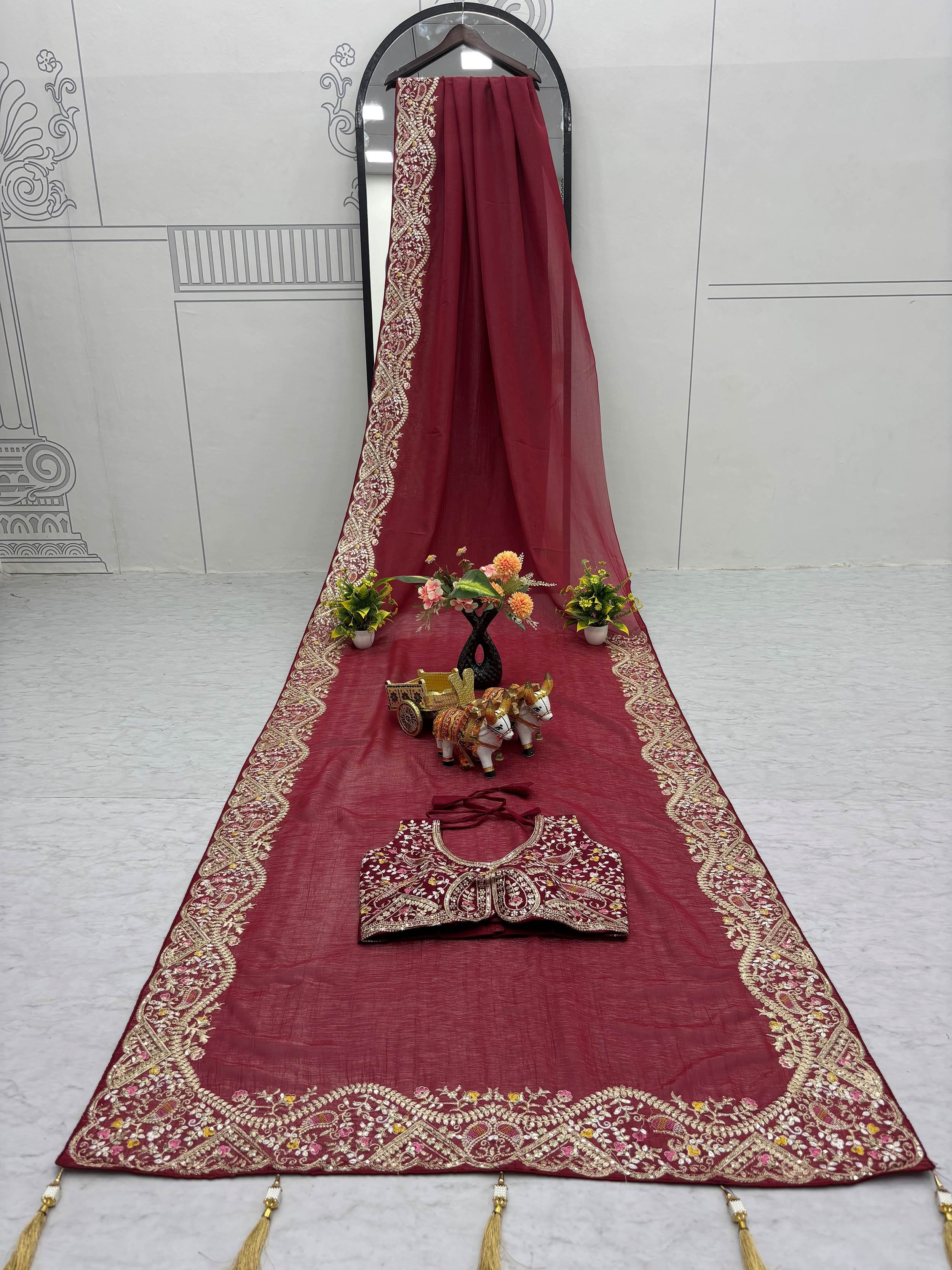 Red Classic Sequins Organza Festive Wear Saree With Blouse