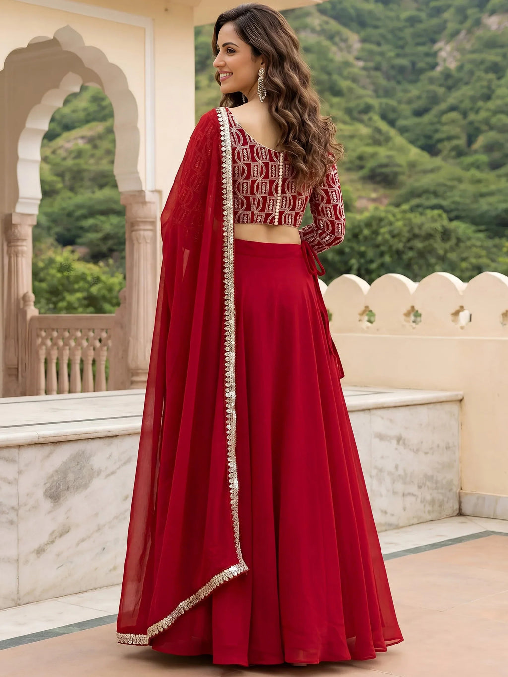 Outstanding Red Embroidered Georgette Function Wear Lehenga Choli