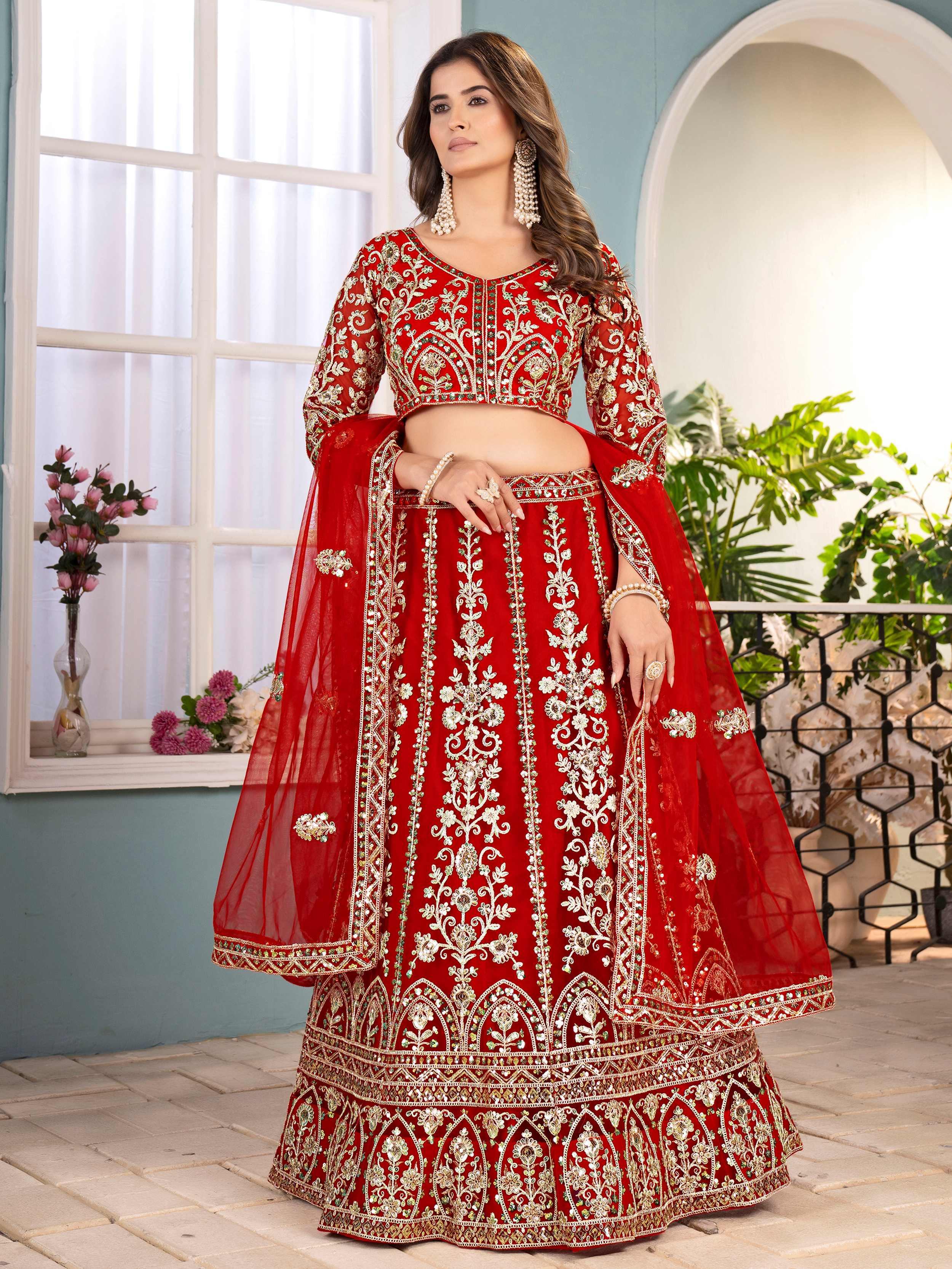 Red Captivating Net Sequins Embroidered Bridesmaid Lehenga Choli