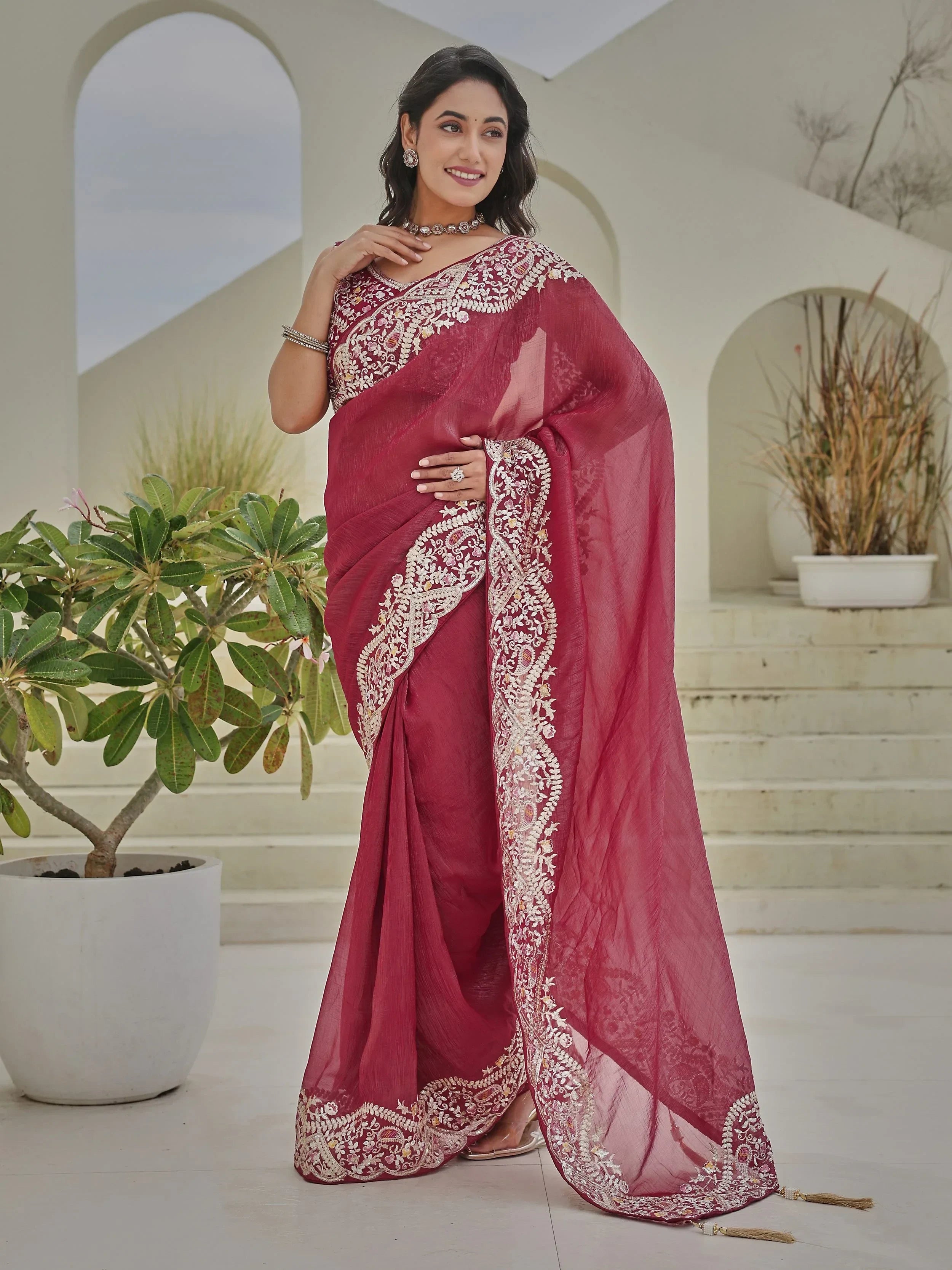 Red Classic Sequins Organza Festive Wear Saree With Blouse