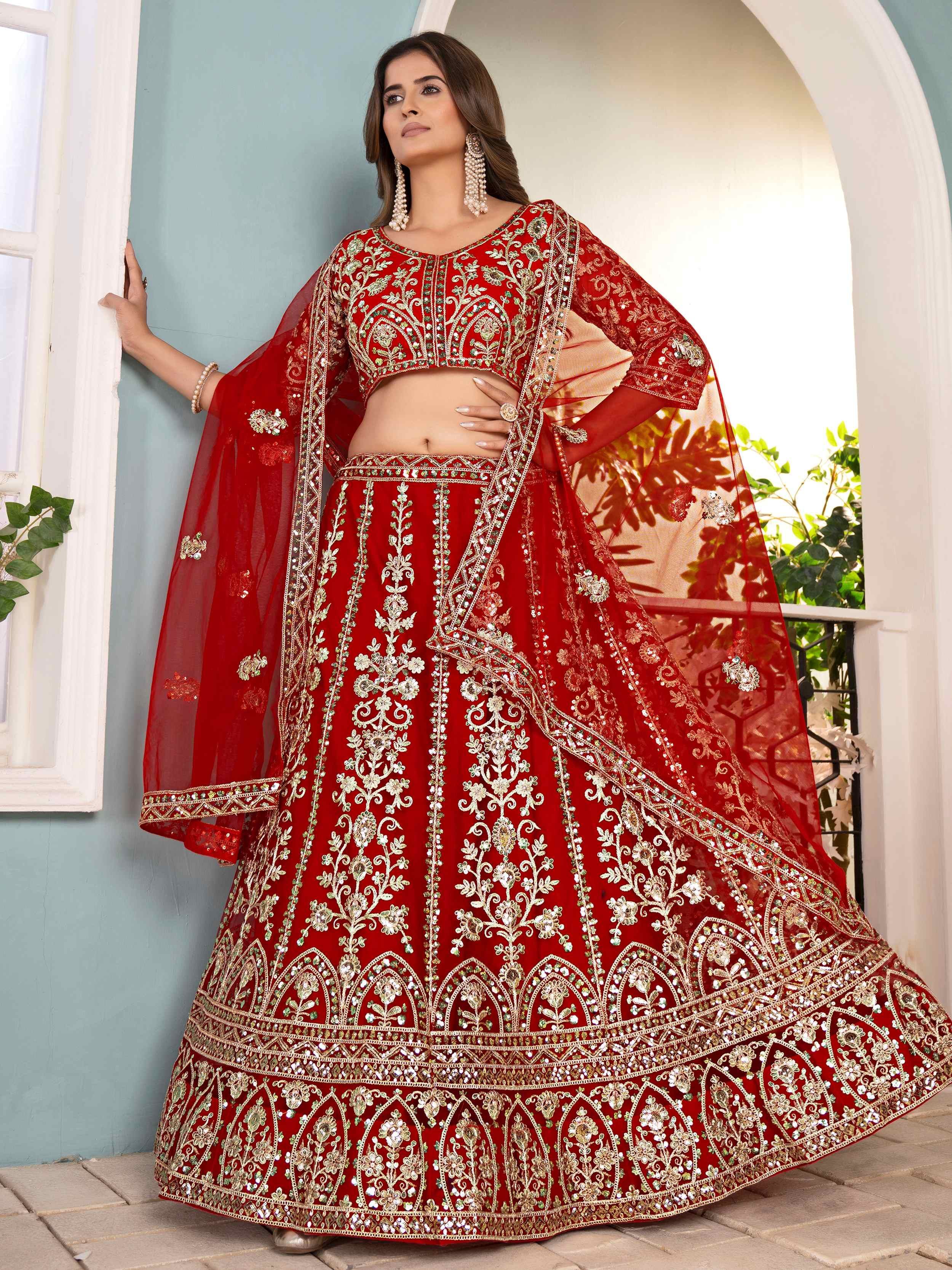 Red Captivating Net Sequins Embroidered Bridesmaid Lehenga Choli