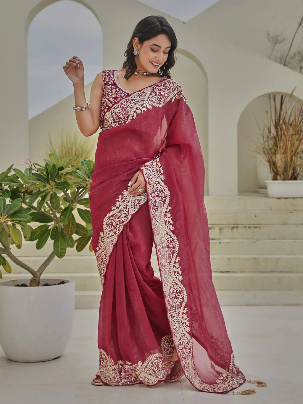 Red Classic Sequins Organza Festive Wear Saree With Blouse