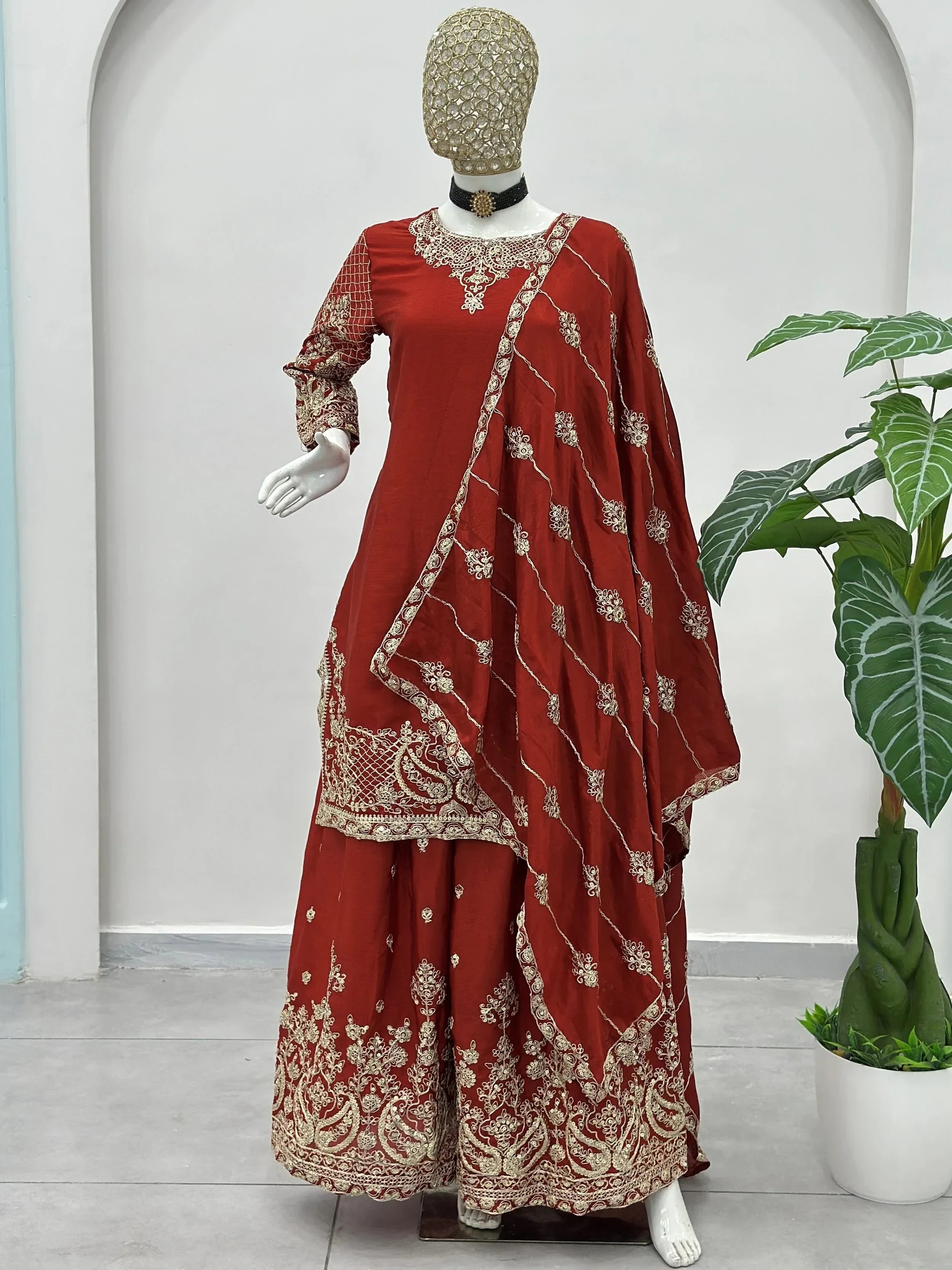 Red Precious Zari Embroidered Chinon Festive Wear Palazzo Suit
