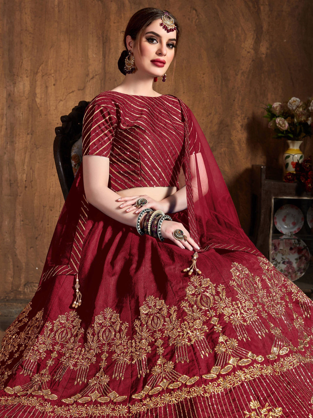 Red Zari Embroidery Art Silk Bridal Lehenga Choli With Dupatta