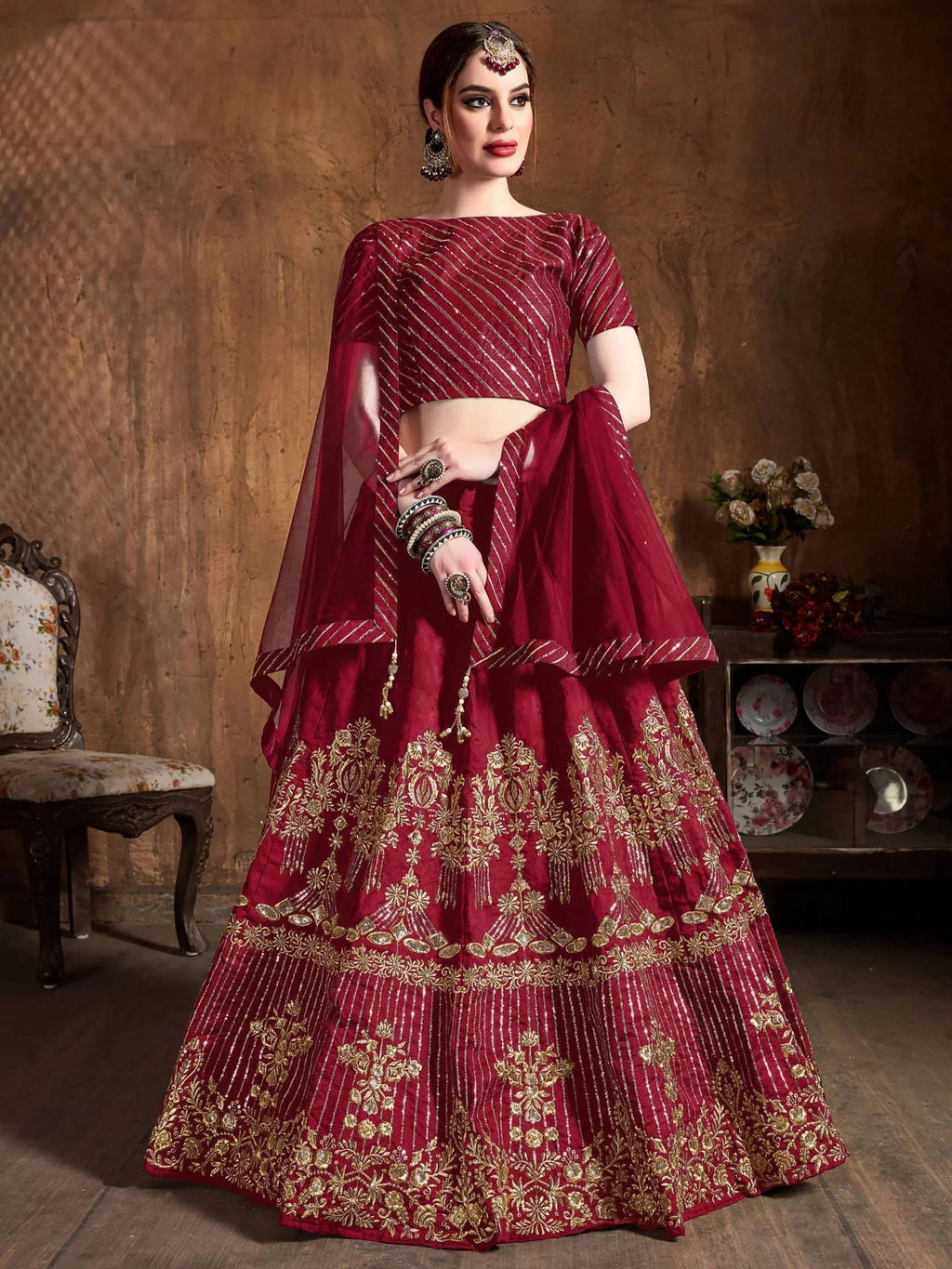 Red Zari Embroidery Art Silk Bridal Lehenga Choli With Dupatta