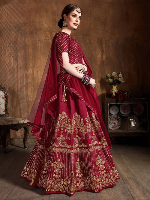 Red Zari Embroidery Art Silk Bridal Lehenga Choli With Dupatta