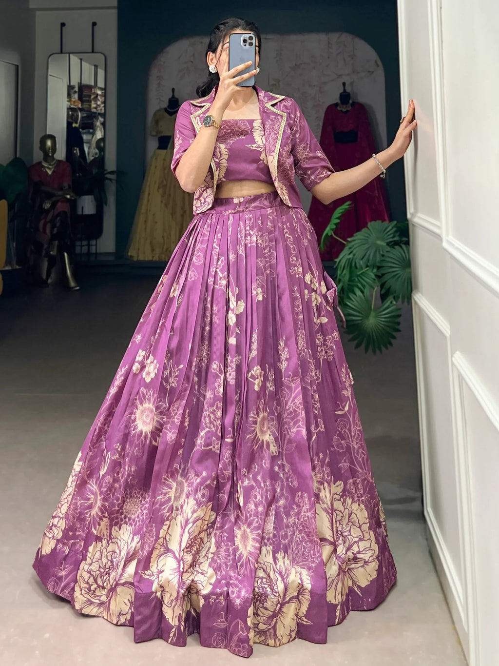 Refreshing Purple Printed Tussar Silk Party Wear Crop Top Lehenga With Jacket