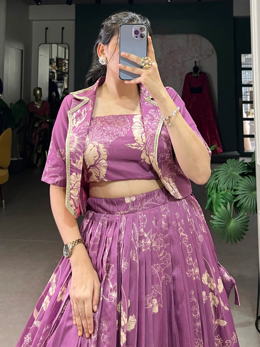 Refreshing Purple Printed Tussar Silk Party Wear Crop Top Lehenga With Jacket