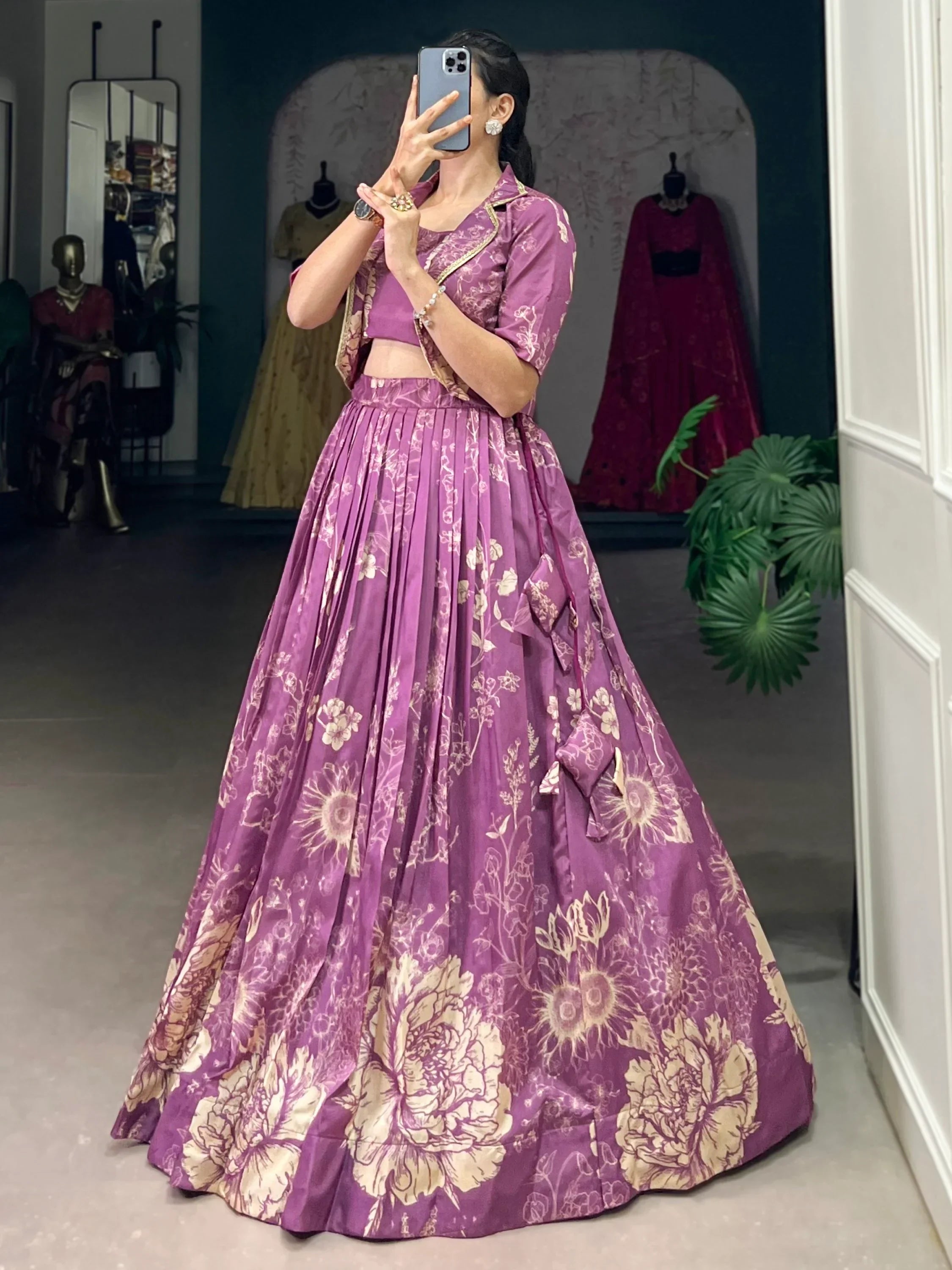 Refreshing Purple Printed Tussar Silk Party Wear Crop Top Lehenga With Jacket