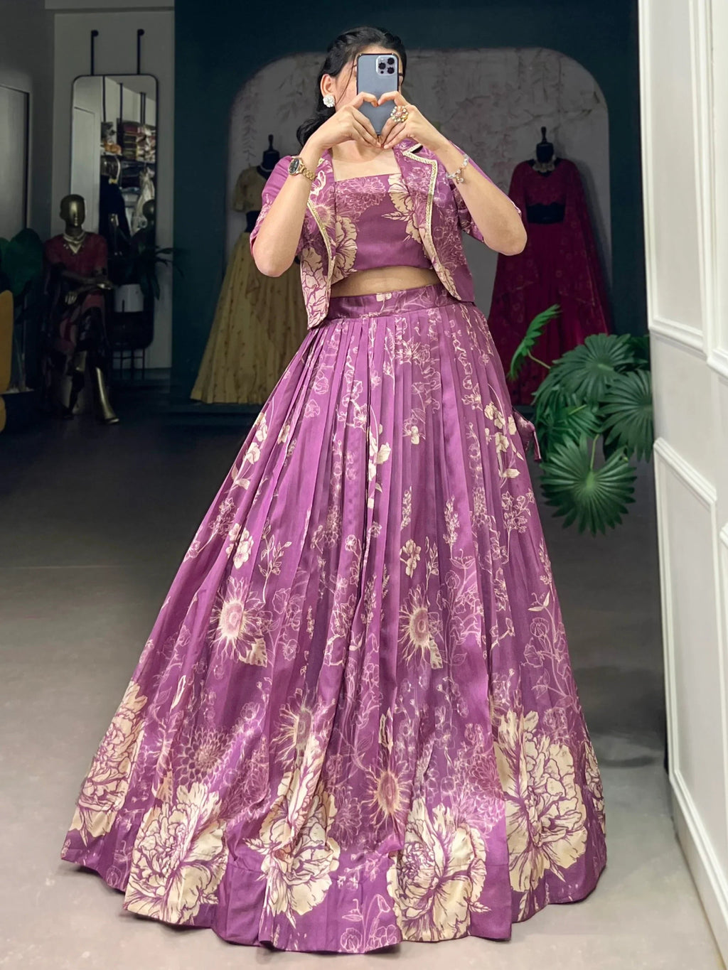 Refreshing Purple Printed Tussar Silk Party Wear Crop Top Lehenga With Jacket