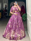 Refreshing Purple Printed Tussar Silk Party Wear Crop Top Lehenga With Jacket