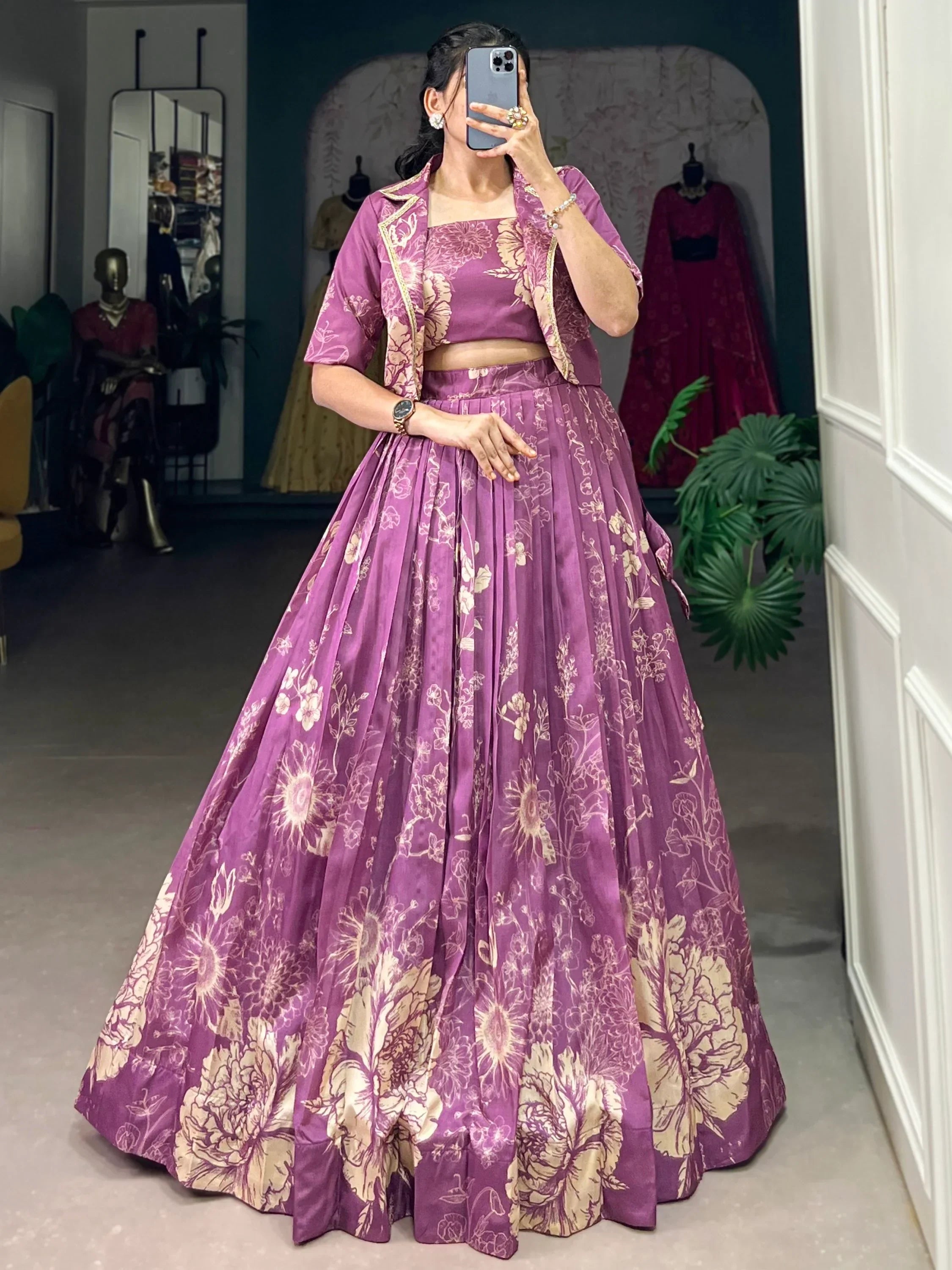 Refreshing Purple Printed Tussar Silk Party Wear Crop Top Lehenga With Jacket