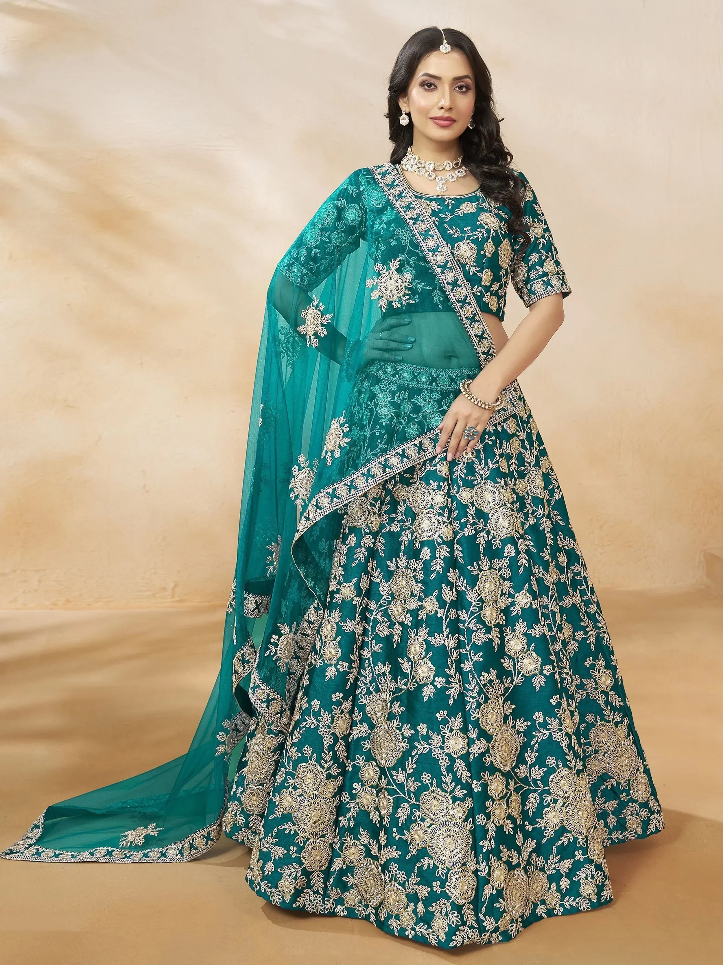 Teal Attractive Silk Embroidered Lehenga Choli With Dupatta