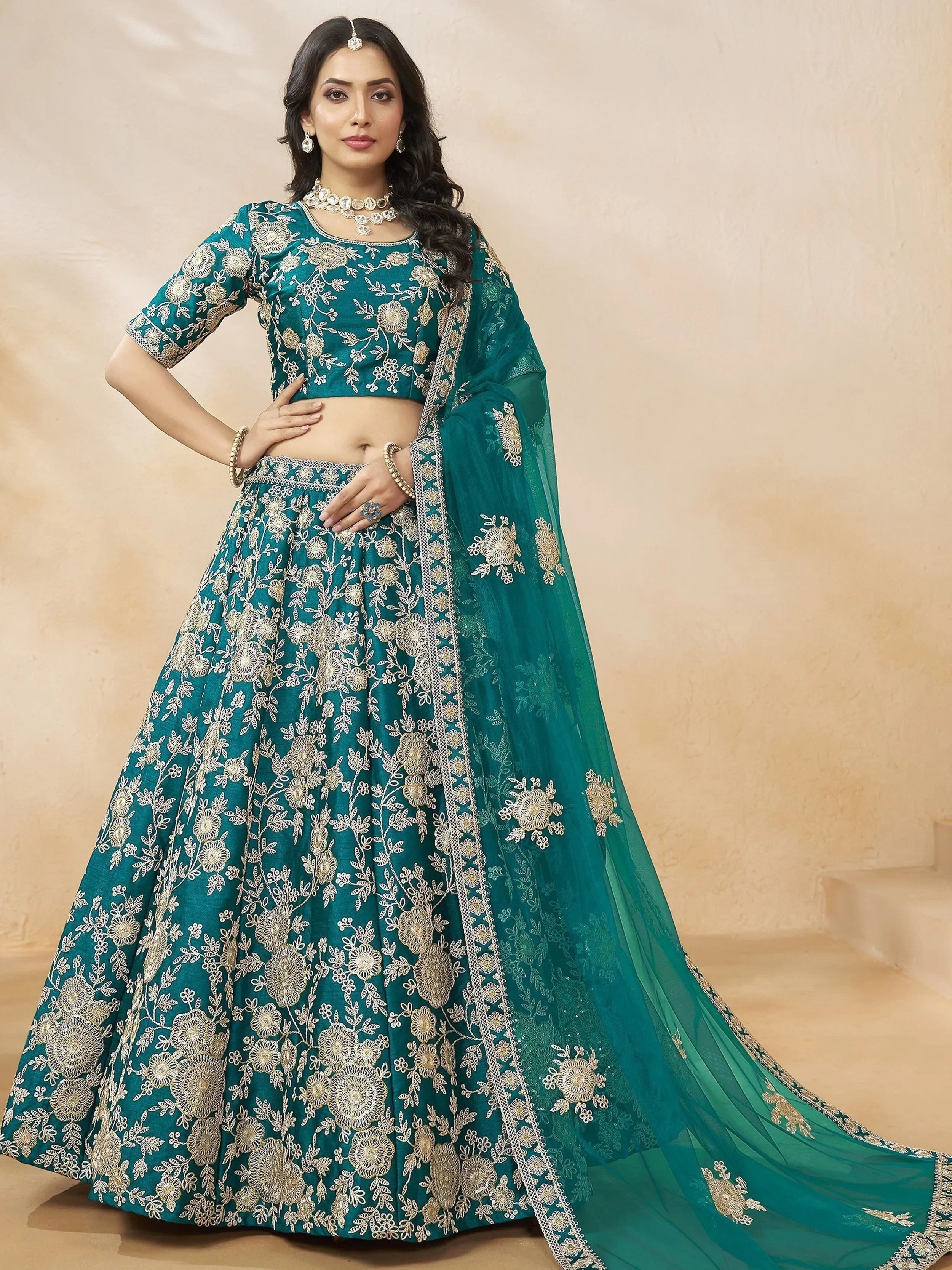 Teal Attractive Silk Embroidered Lehenga Choli With Dupatta