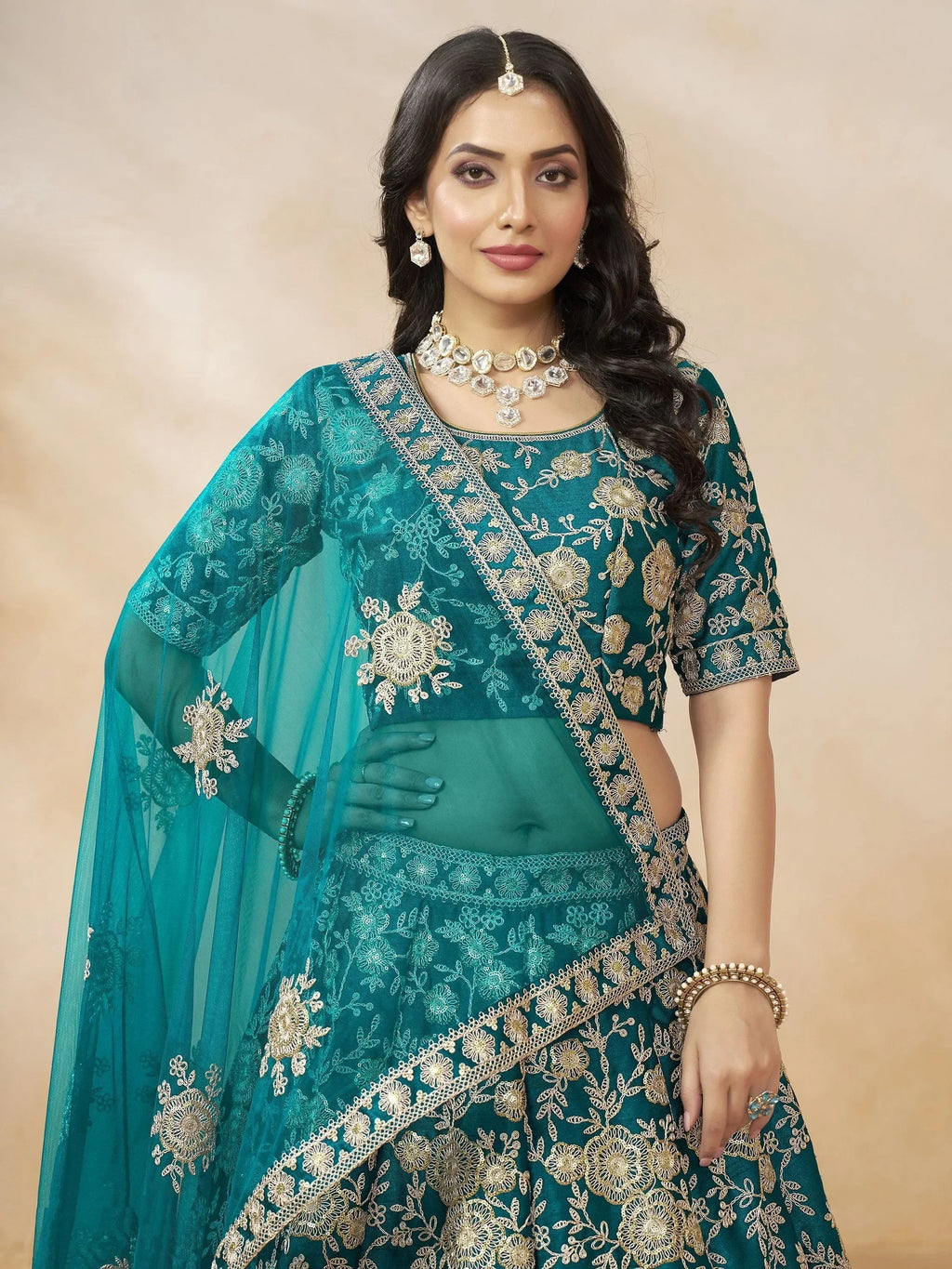 Teal Attractive Silk Embroidered Lehenga Choli With Dupatta