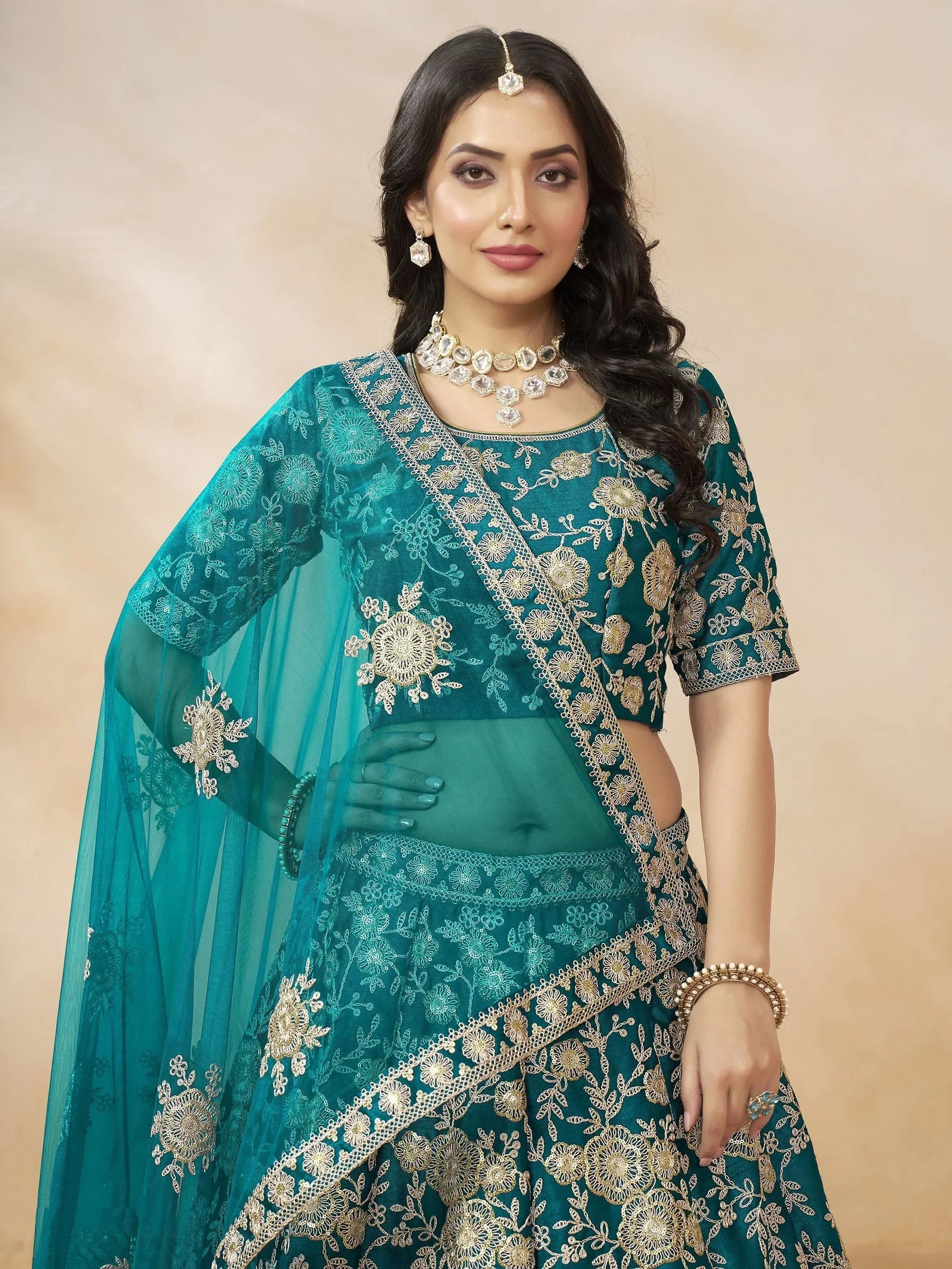 Teal Attractive Silk Embroidered Lehenga Choli With Dupatta