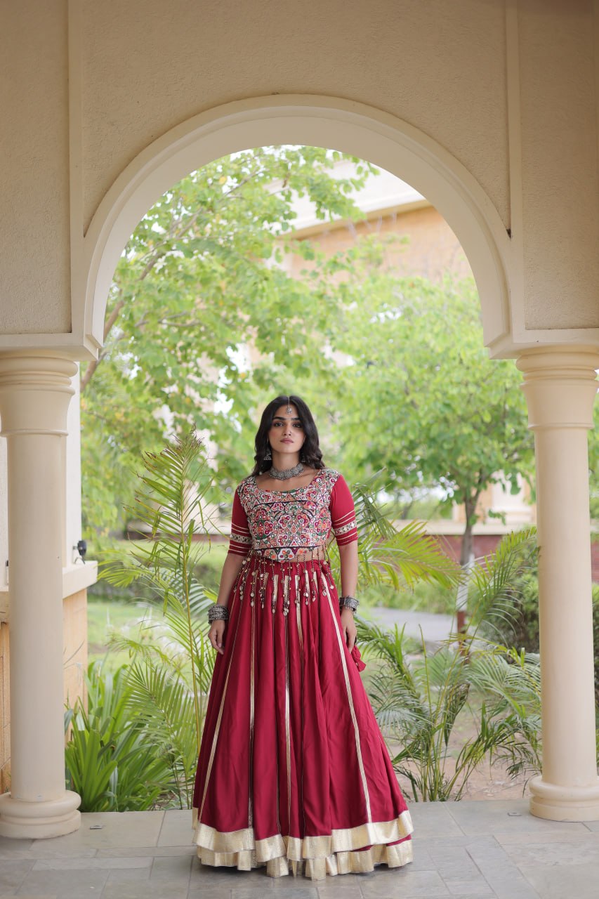 Reyon Gota Patti Lehenga Choli with Gamthi Embroidered Blouse