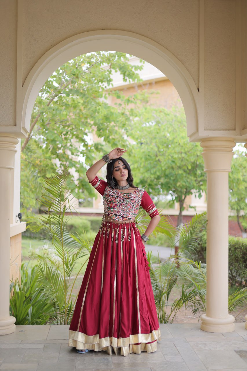 Reyon Gota Patti Lehenga Choli with Gamthi Embroidered Blouse