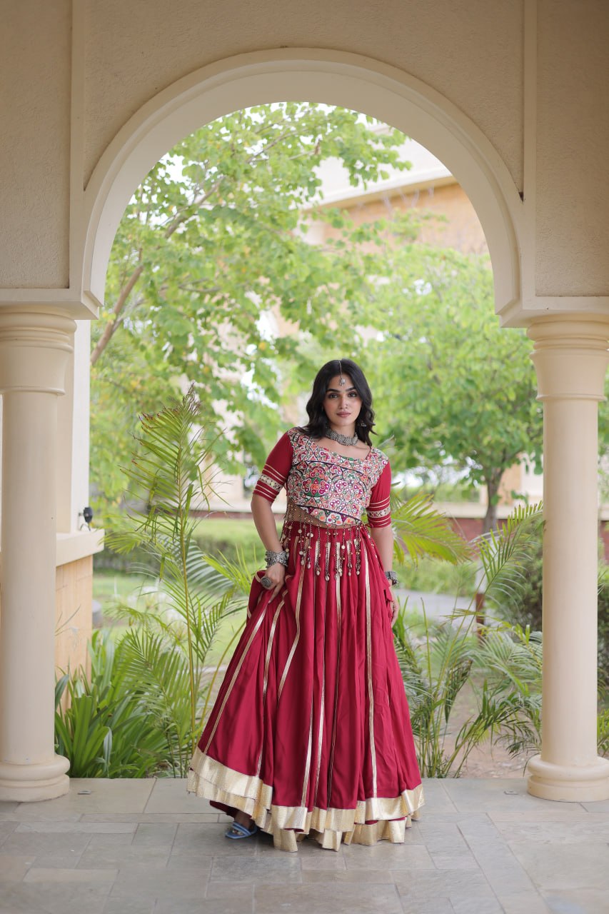 Reyon Gota Patti Lehenga Choli with Gamthi Embroidered Blouse