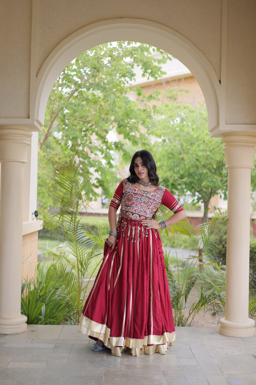Reyon Gota Patti Lehenga Choli with Gamthi Embroidered Blouse