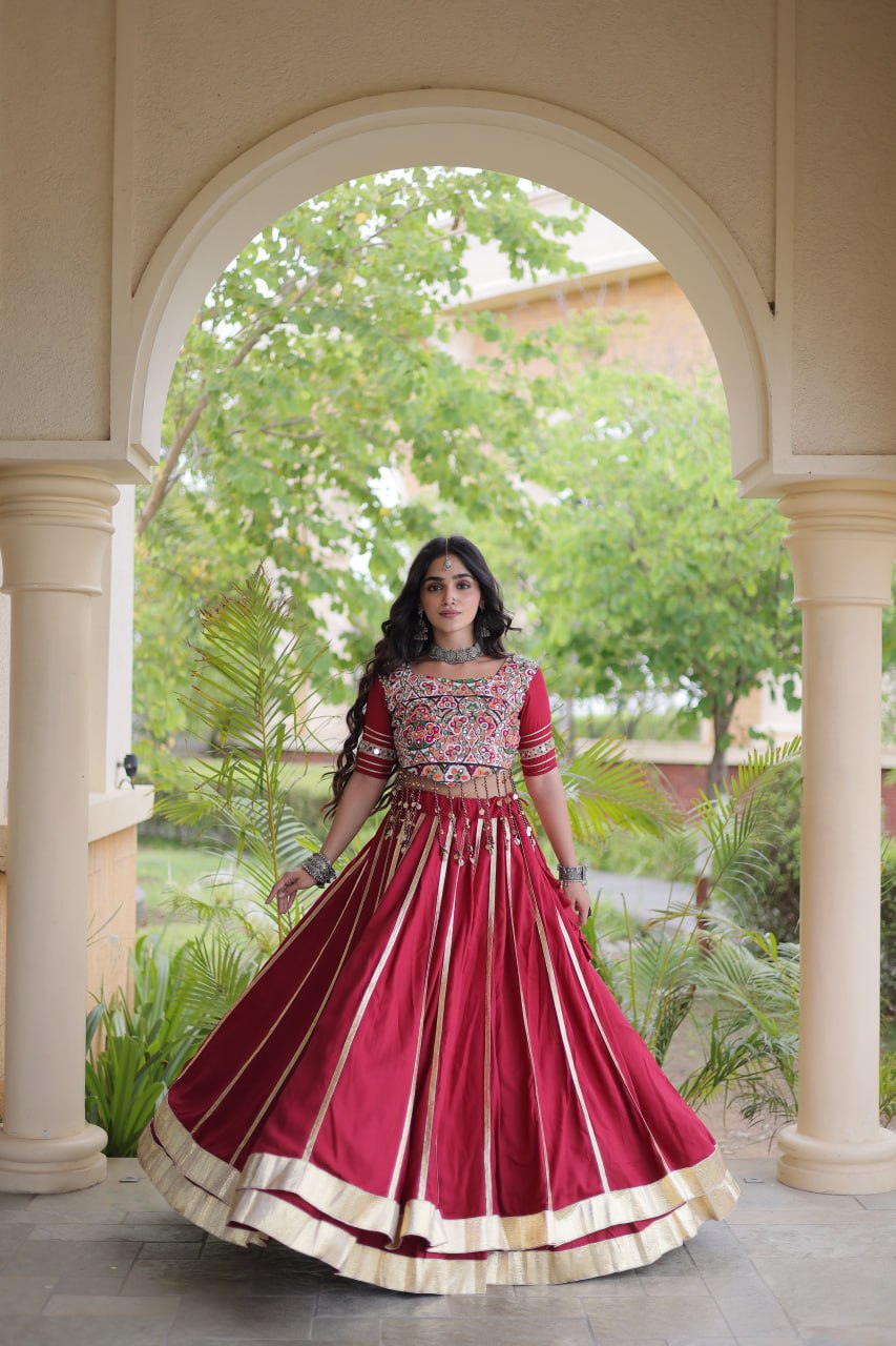 Reyon Gota Patti Lehenga Choli with Gamthi Embroidered Blouse