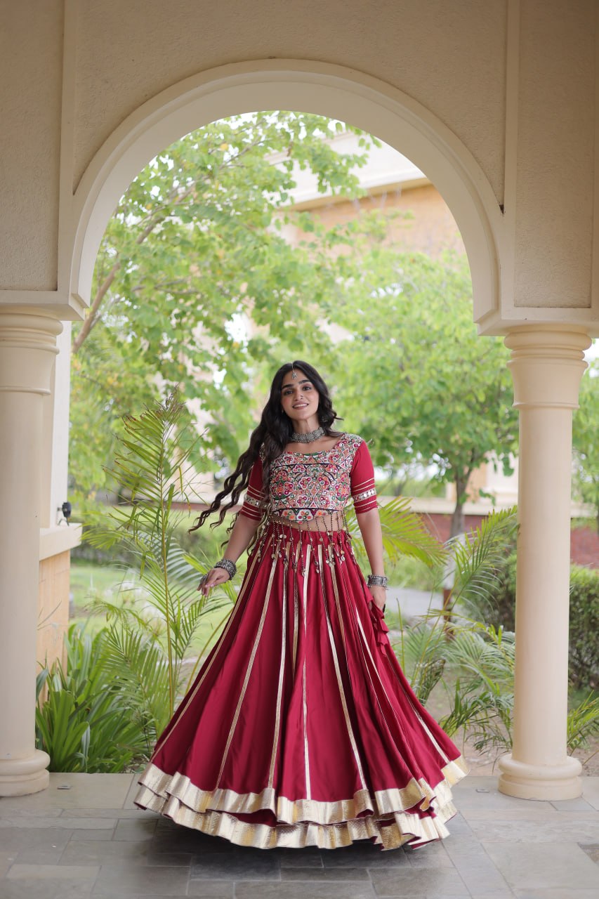 Reyon Gota Patti Lehenga Choli with Gamthi Embroidered Blouse