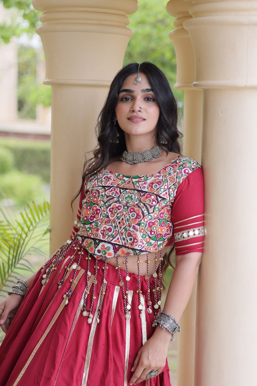 Reyon Gota Patti Lehenga Choli with Gamthi Embroidered Blouse