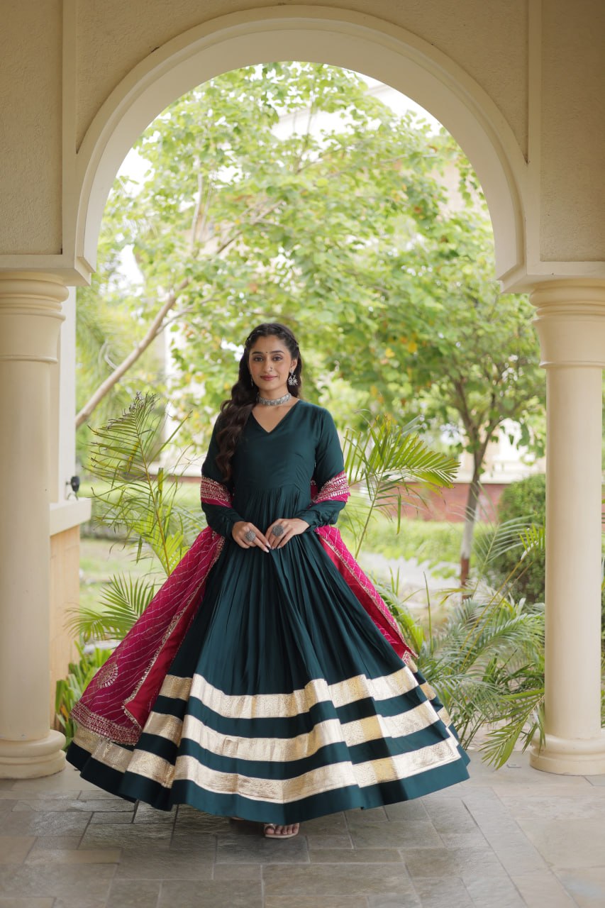 Reyon Gown with Gota Patti Lace Work and Leheriya Printed Georgette Dupatta
