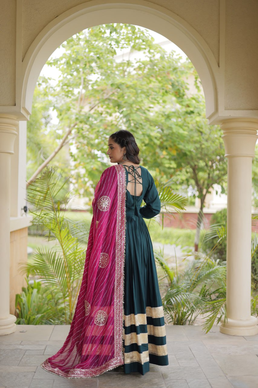 Reyon Gown with Gota Patti Lace Work and Leheriya Printed Georgette Dupatta