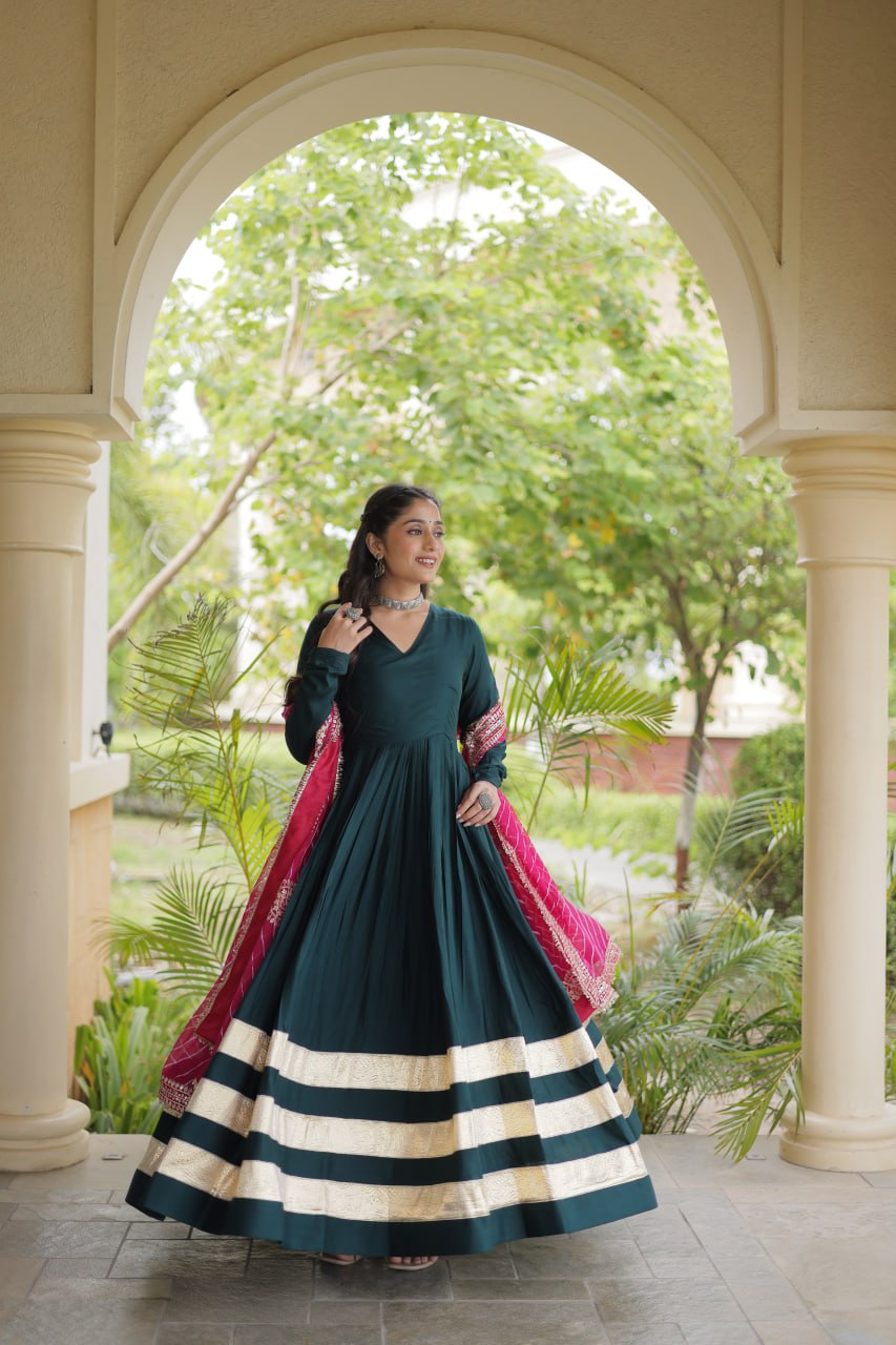 Reyon Gown with Gota Patti Lace Work and Leheriya Printed Georgette Dupatta