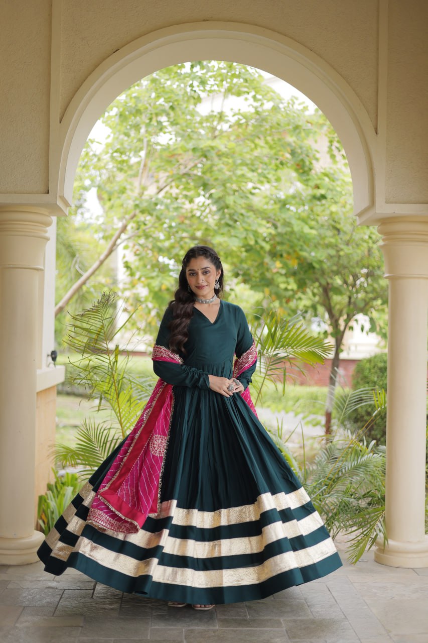 Reyon Gown with Gota Patti Lace Work and Leheriya Printed Georgette Dupatta