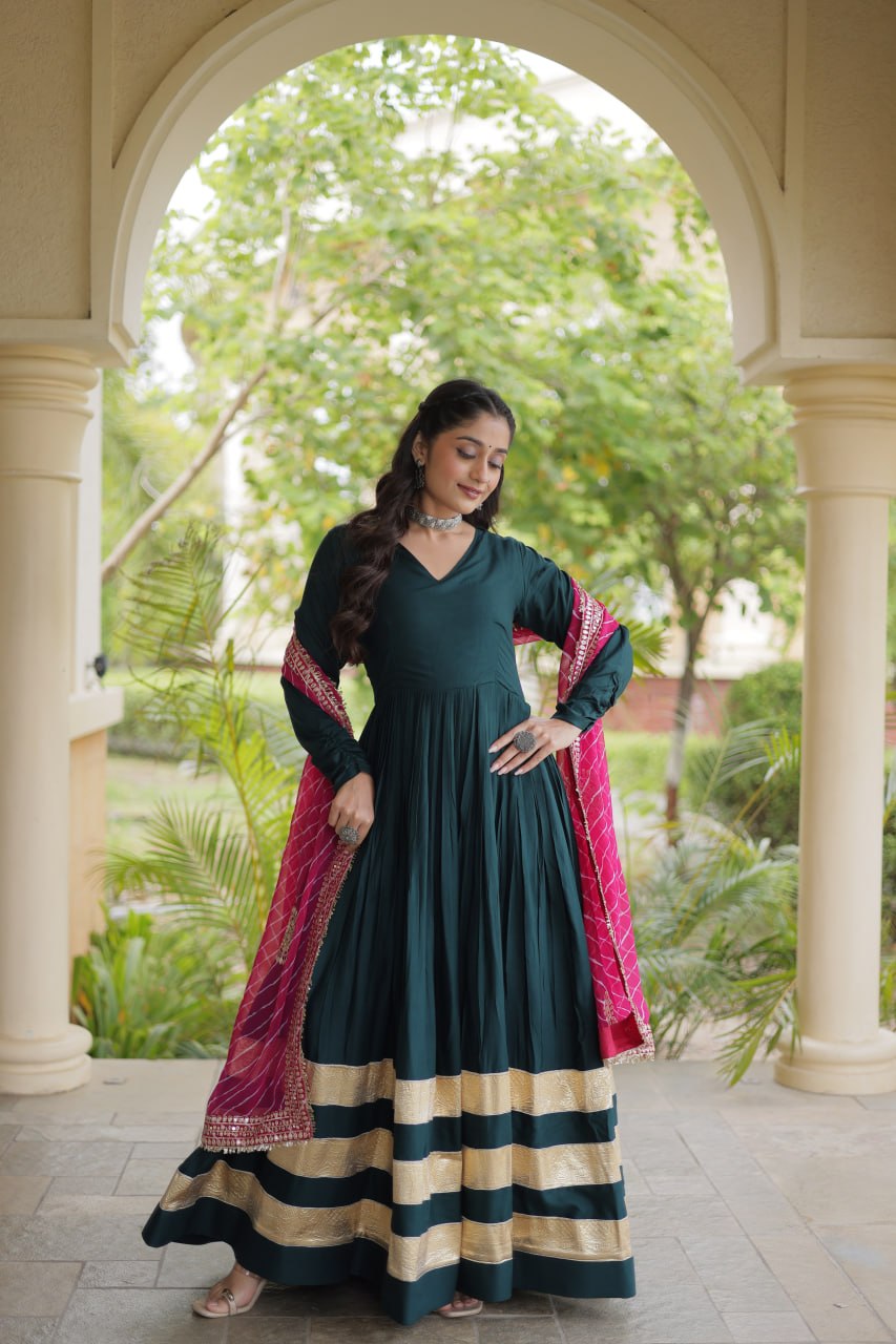 Reyon Gown with Gota Patti Lace Work and Leheriya Printed Georgette Dupatta