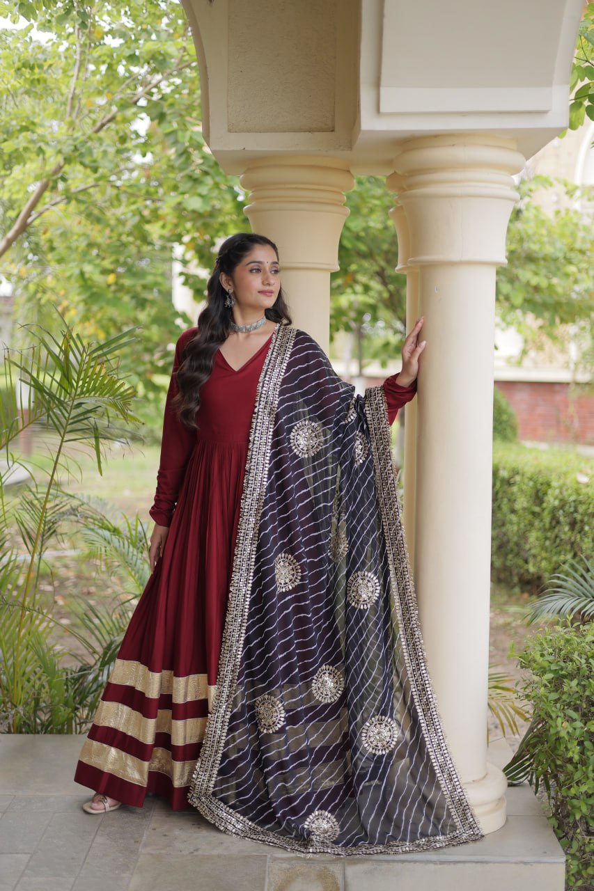 Reyon Gown with Gota Patti Lace Work and Leheriya Printed Georgette Dupatta